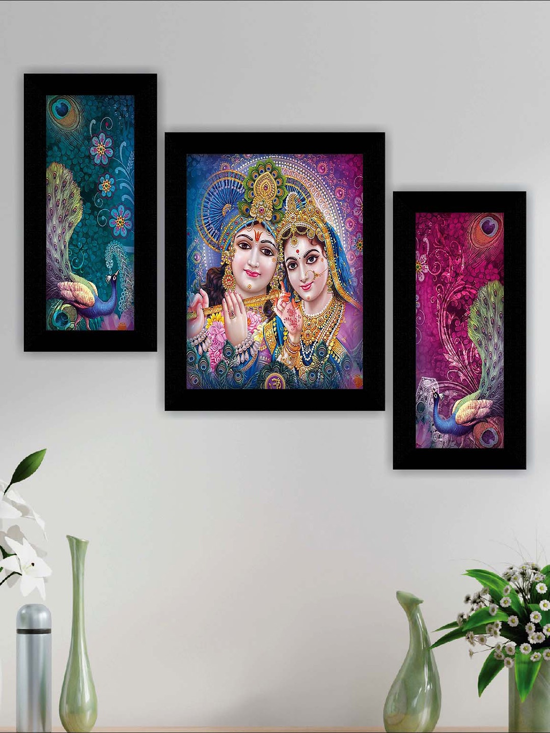 

SAF Pink & Blue 3 Pieces Radha Krishna Painting UV Coating Wall Arts