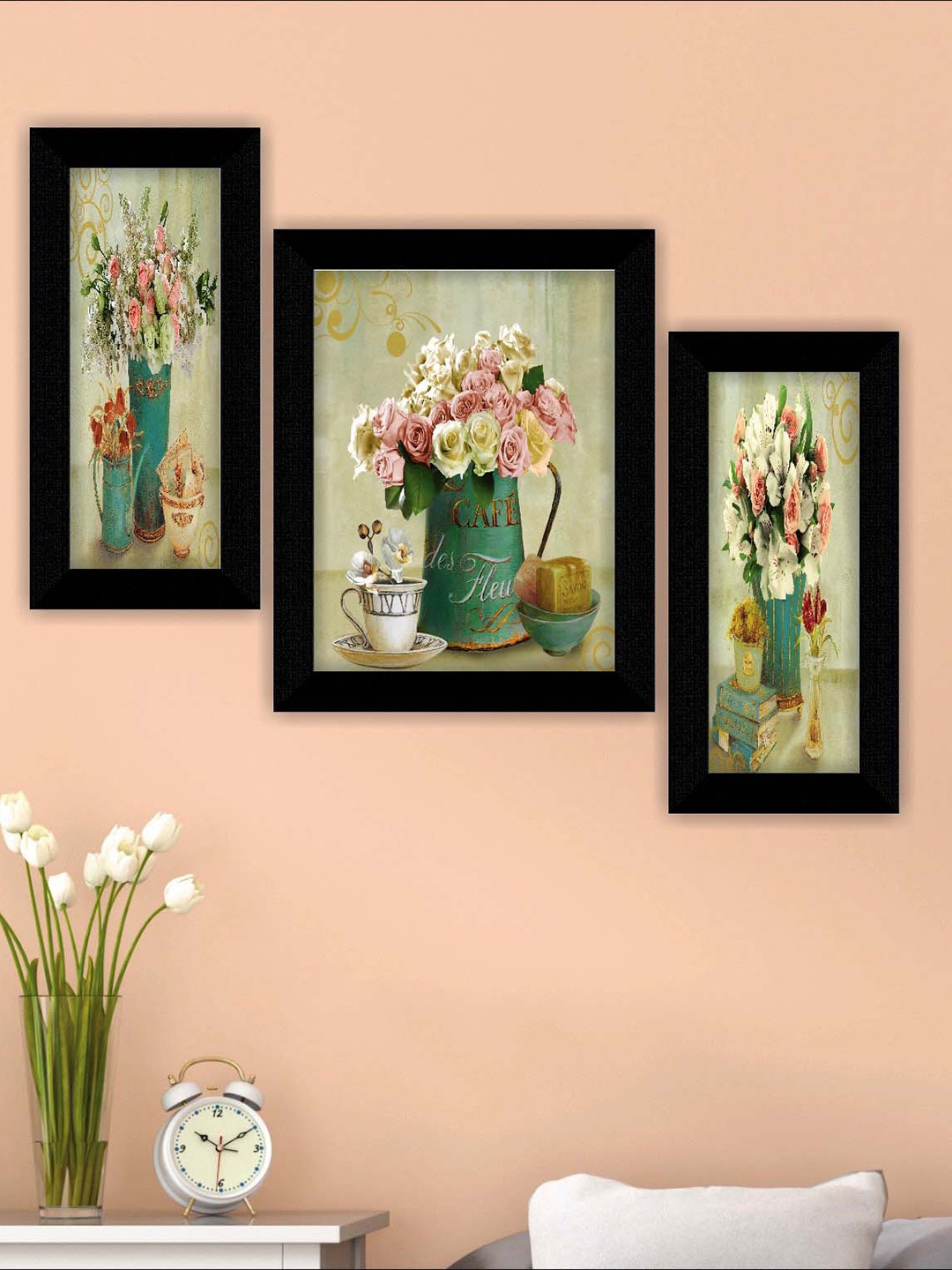 

SAF Green & Pink 3 Pieces Flower Pot Painting Framed Wall Art