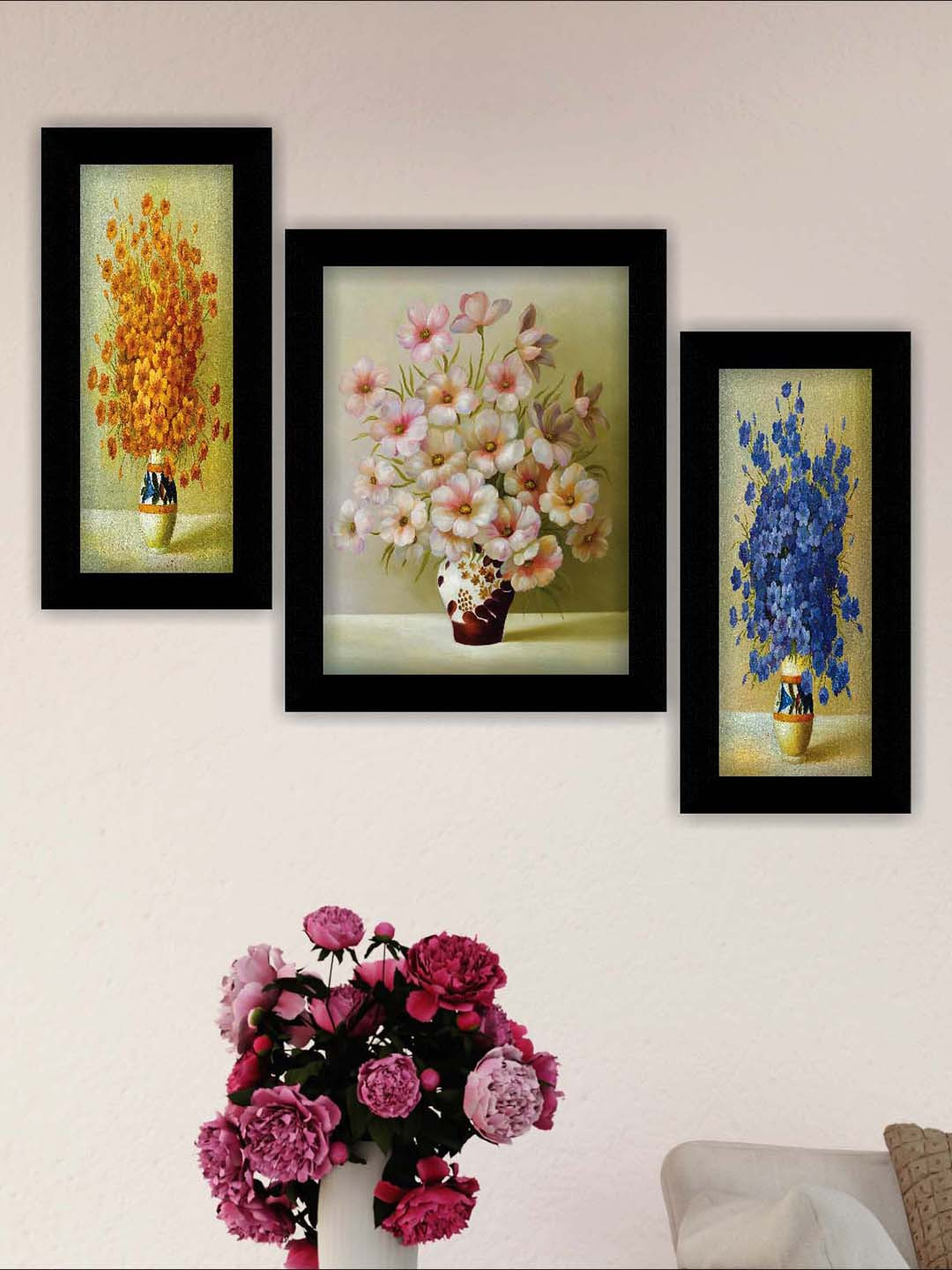 

SAF Yellow & White 3 Pieces Flower Pot Premium Frame Digital Printed Wall Art