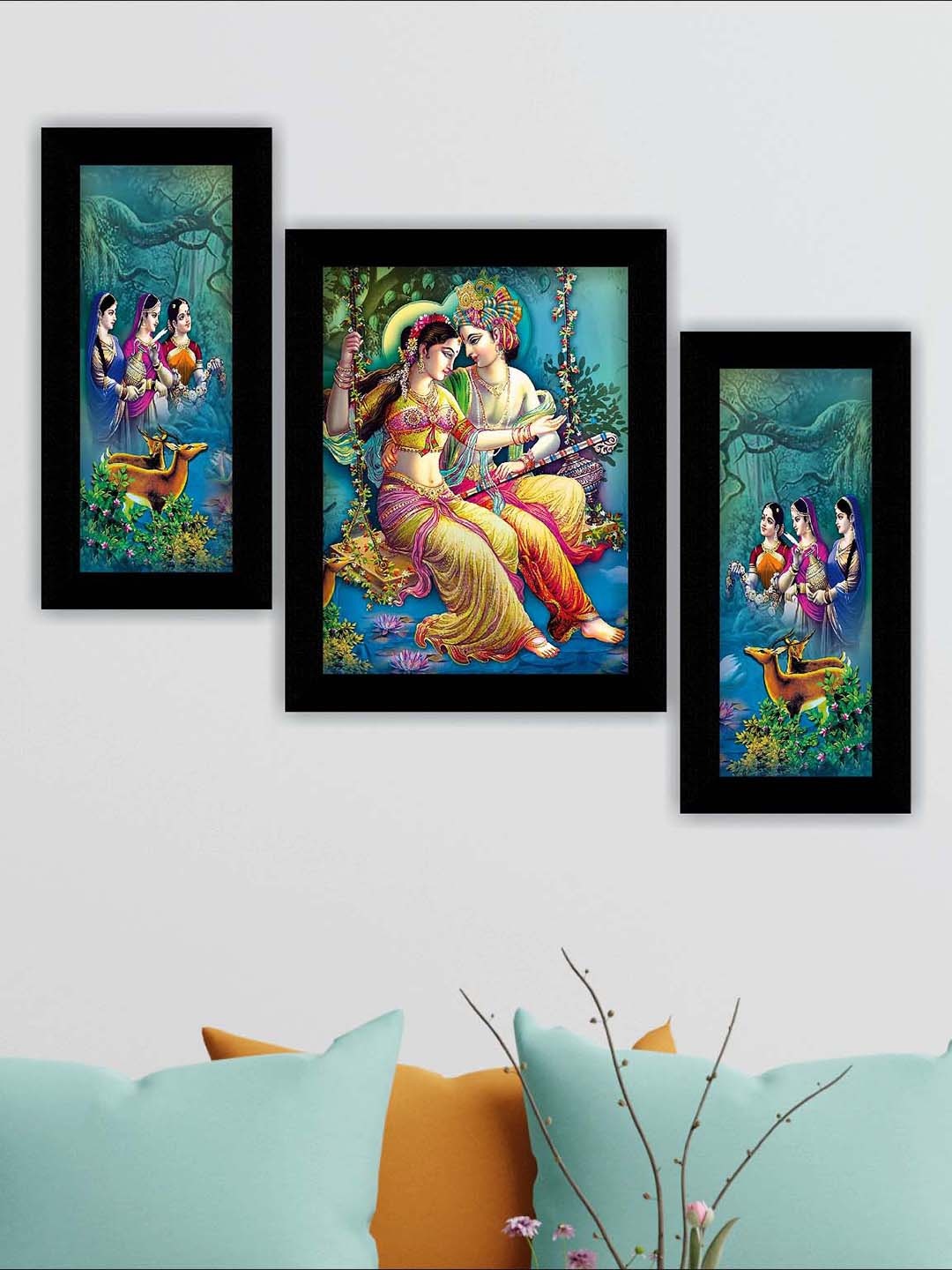 

SAF Blue & Yellow 3 Pieces Radha Krishna Painting UV Coating Wall Arts