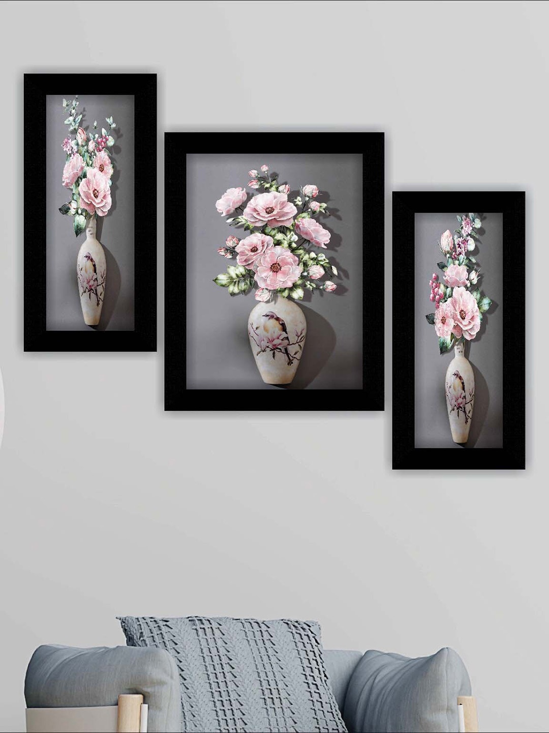 

SAF Grey & Pink 3 Pieces Flower Pot Painting Framed Wall Art