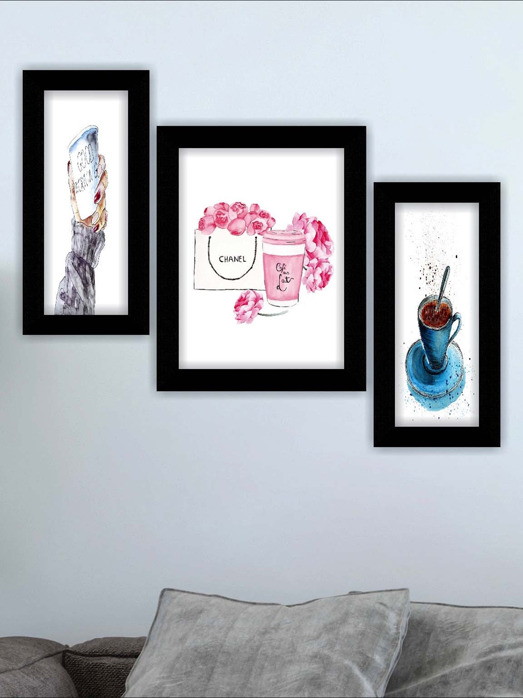 

SAF White & Pink 3 Pieces Coffee Mug Printed Framed Wall Paintings
