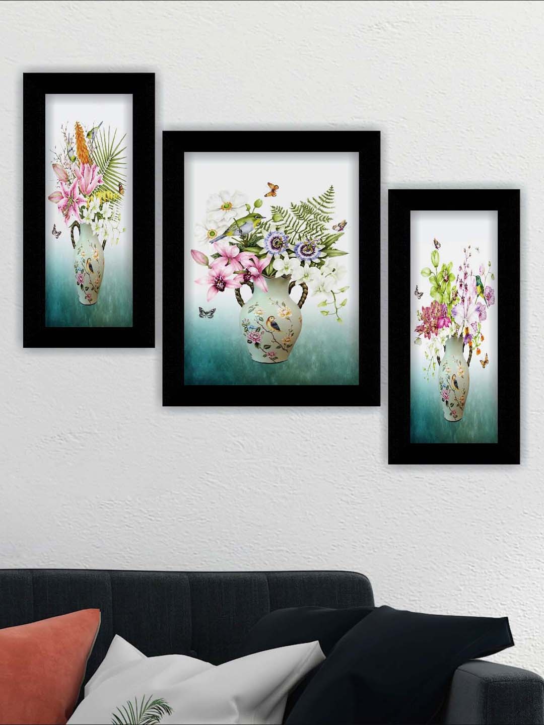 

SAF White & Blue 3 Pieces Flower Pot Printed Wall Art