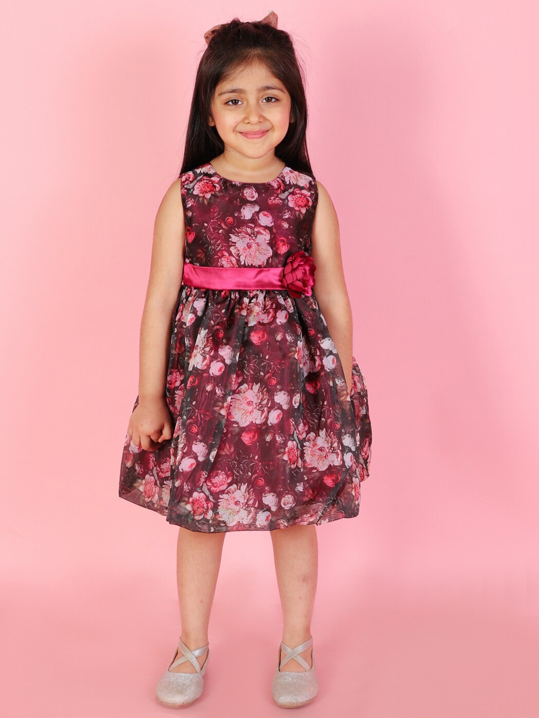 

Lil Peacock Girls Applique Floral Printed A-Line Dress, Maroon