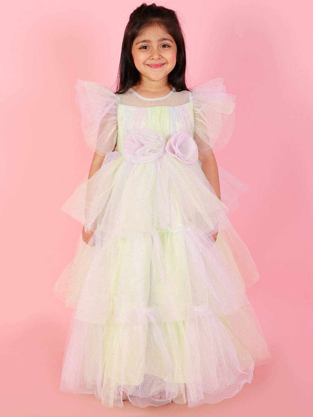 

Lil Peacock Striped Flutter Sleeves Net Fit & Flare Maxi Dress, Lime green