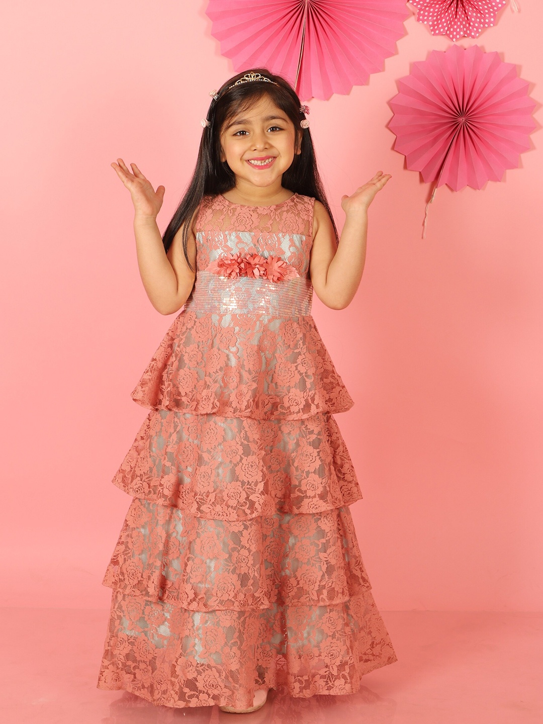 

Lil Peacock Sleeveless Lace Tiered Fit & Flare Dress, Peach