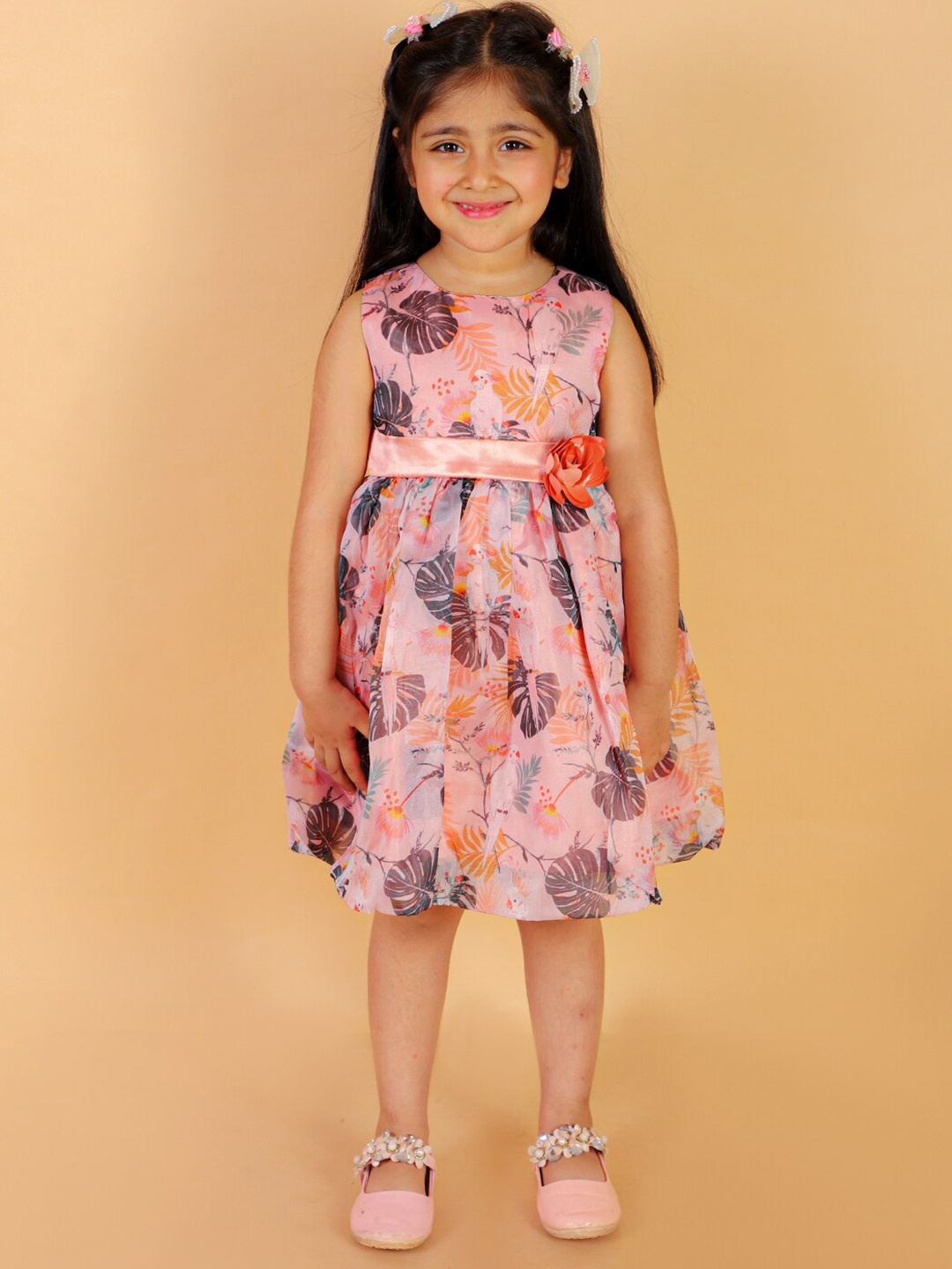 

Lil Peacock Sleeveless Floral Printed Organza Dress, Peach