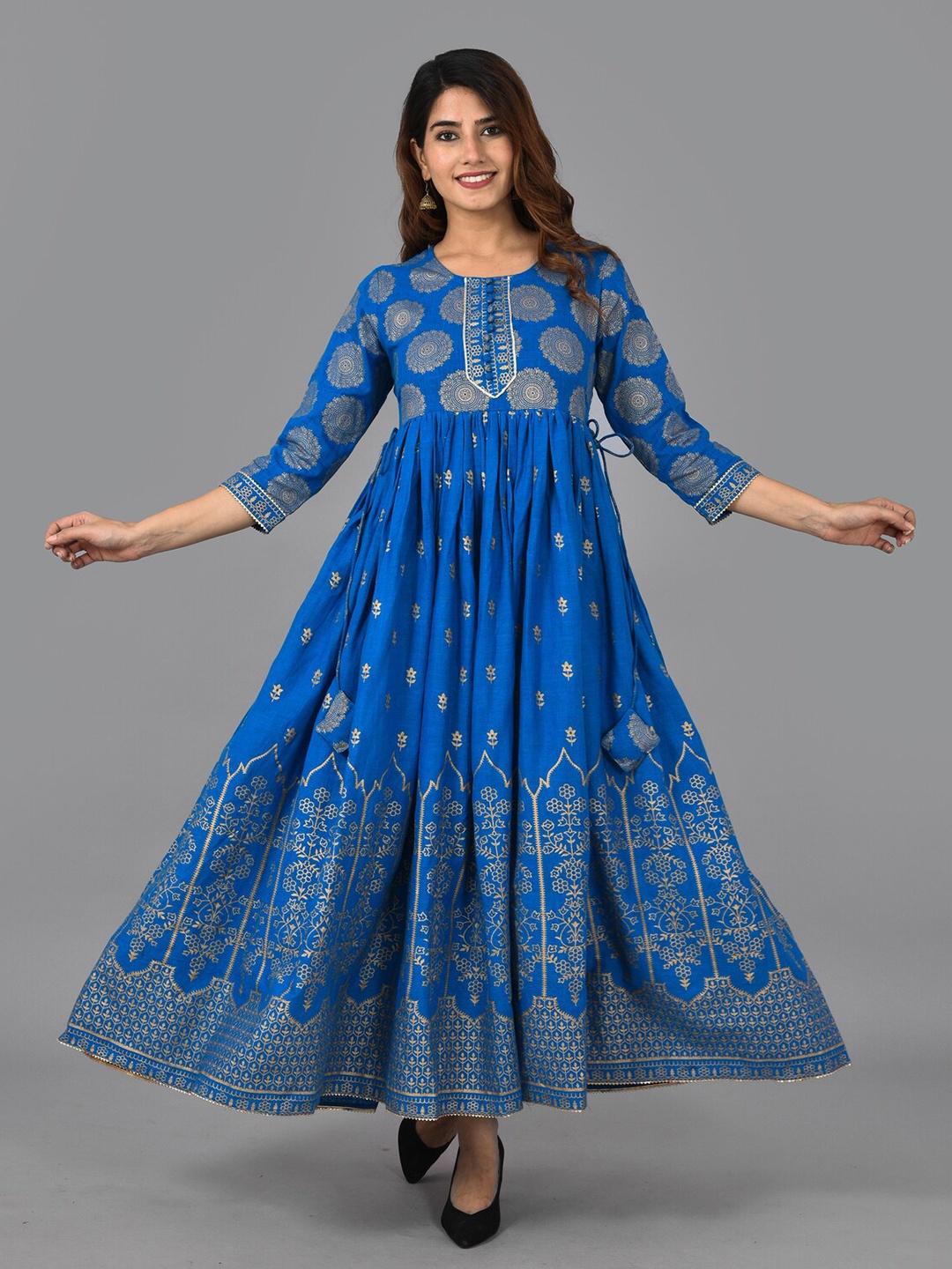 

KALINI Ethnic Motifs Foil Printed Gathered & Tie Up Detailed Fit & Flare Dress, Blue
