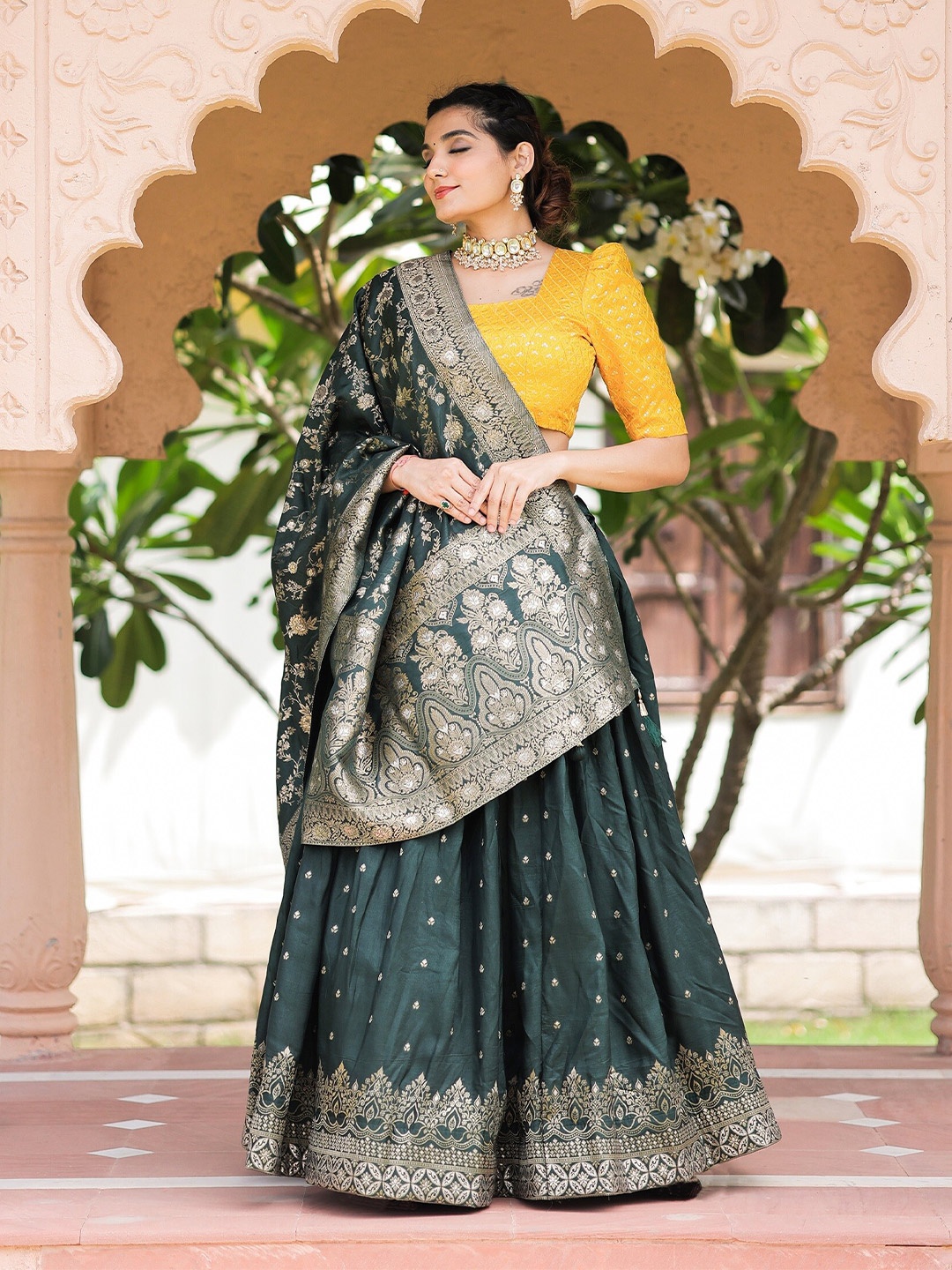 

LOOKNBOOK ART Green & Yellow Embroidered Sequinned Semi-Stitched Lehenga & Unstitched Blouse With Dupatta