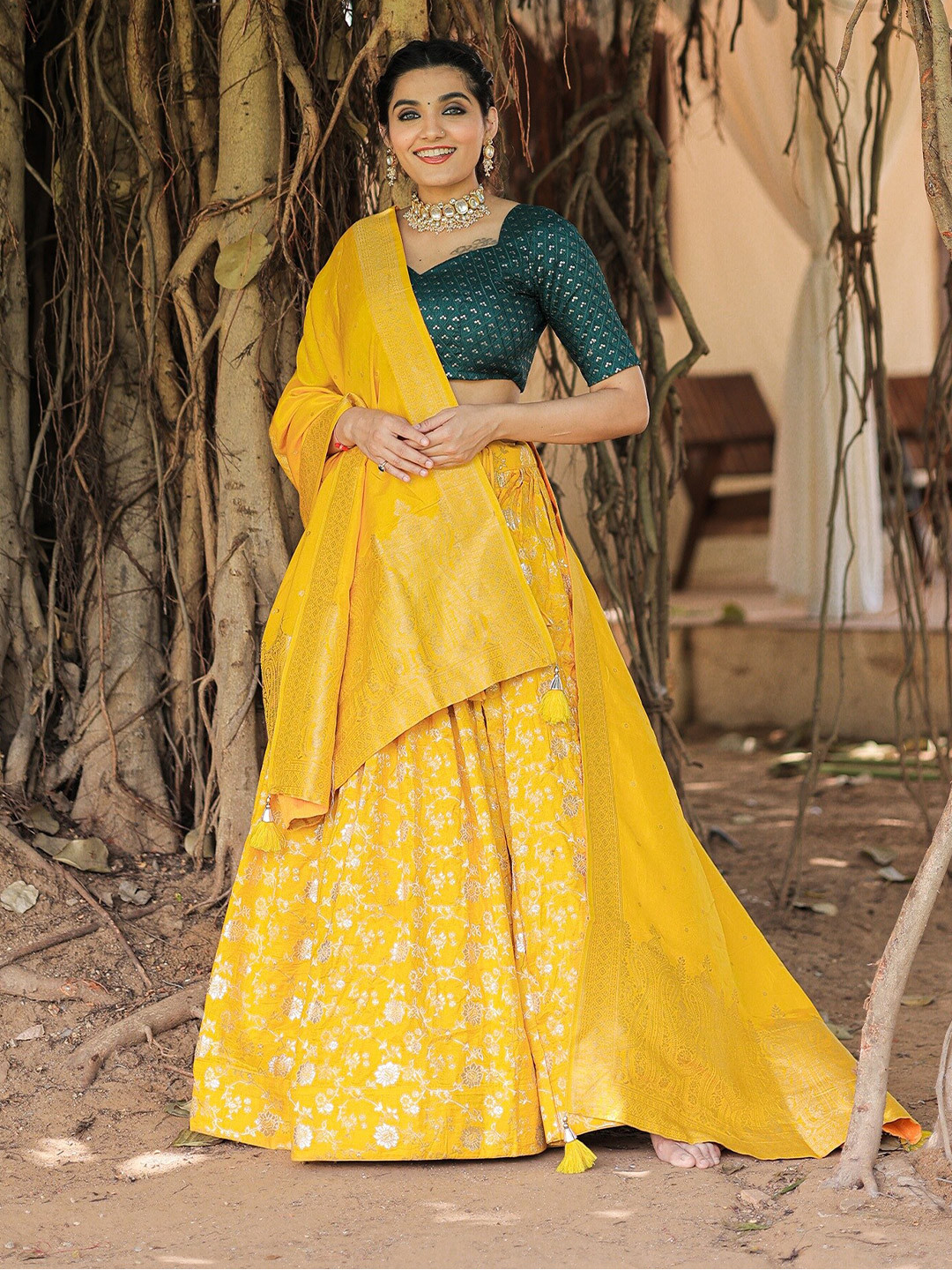 

LOOKNBOOK ART Mustard & Green Embroidered Sequinned Semi-Stitched Lehenga & Unstitched Blouse With Dupatta