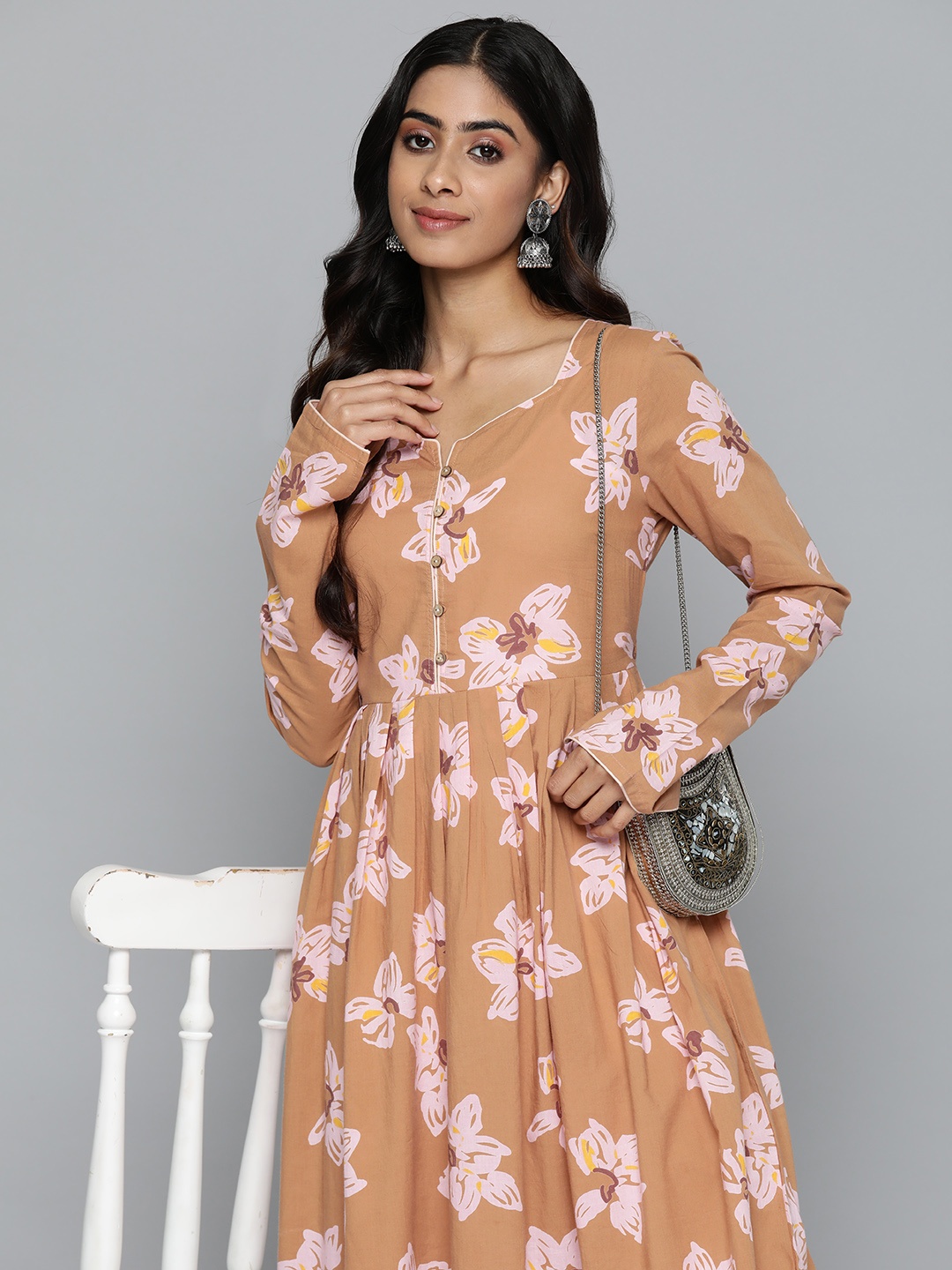 

HERE&NOW Women Floral Printed A-Line Kurta, Brown