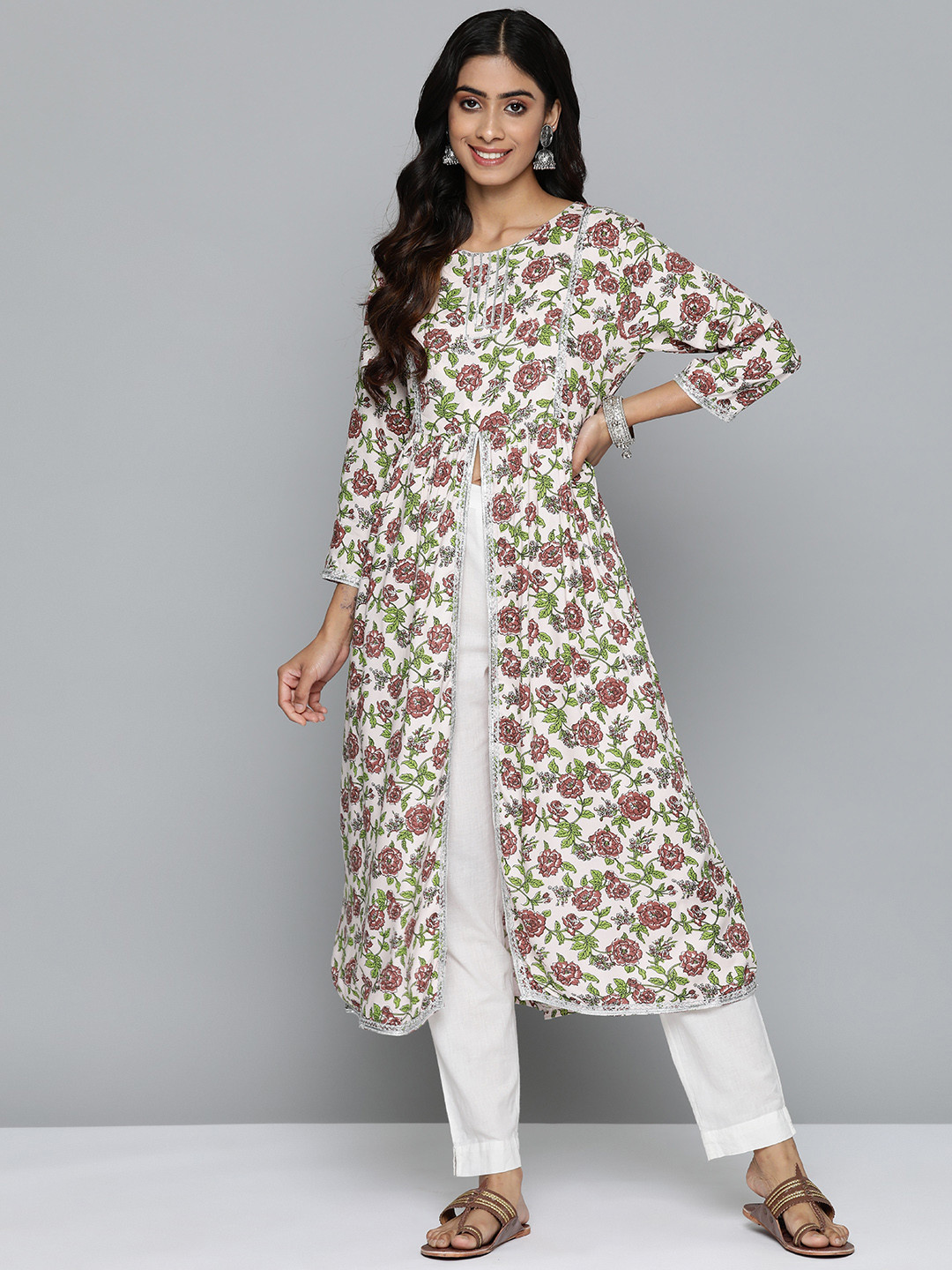 

HERE&NOW Women Floral Printed Gotta Patti A-Line Kurta, Off white