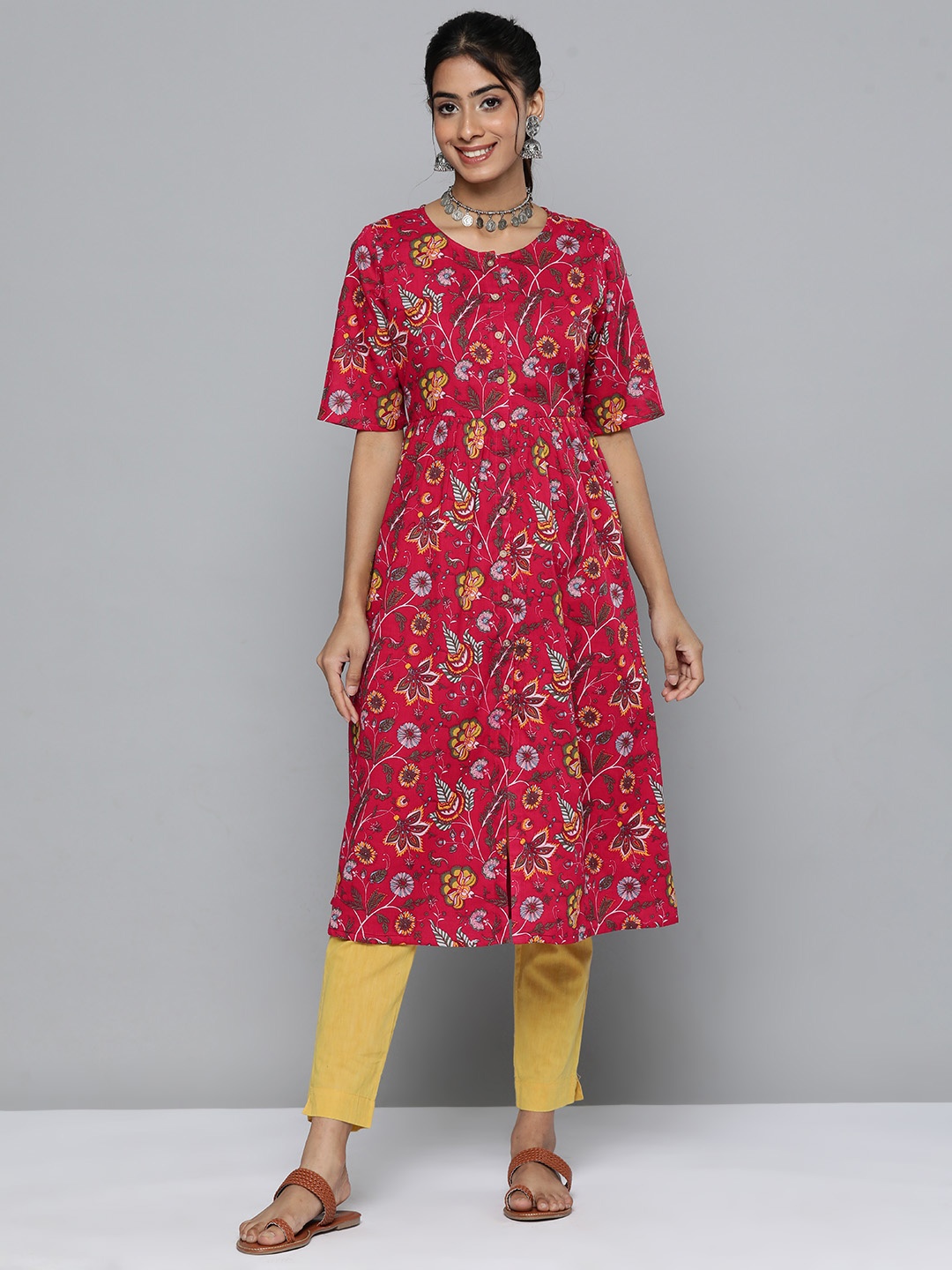 

HERE&NOW Floral Printed Pure Cotton Kurta, Red