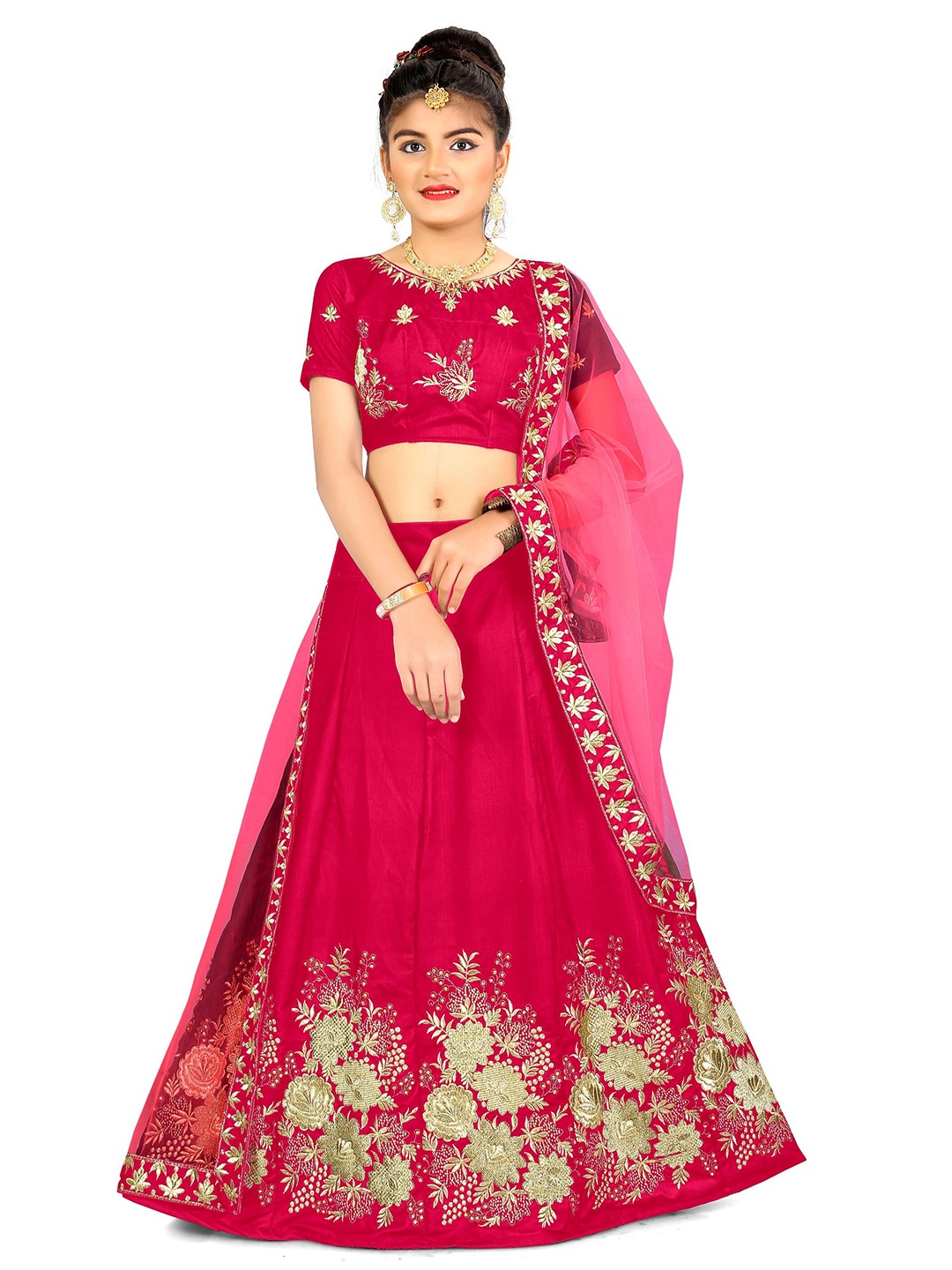 

WTWC FAB Girls Embroidered Thread Work Semi-Stitched Lehenga & Blouse With Dupatta, Pink