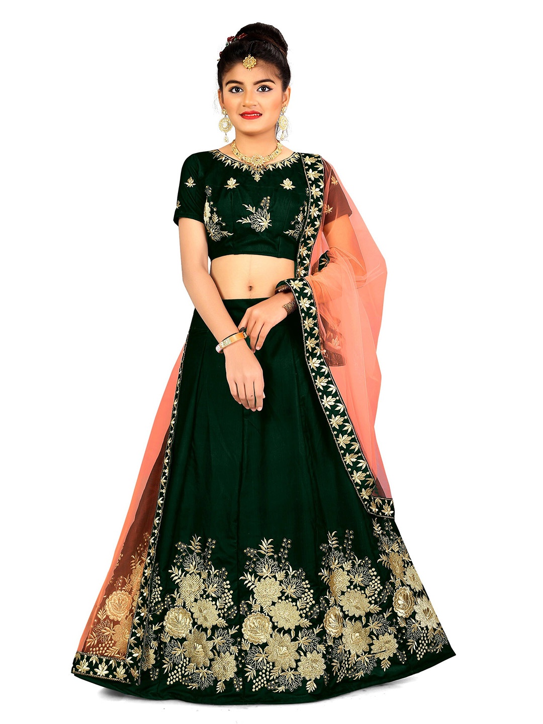 

WTWC FAB Girls Embroidered Thread Work Semi-Stitched Lehenga & Blouse With Dupatta, Green