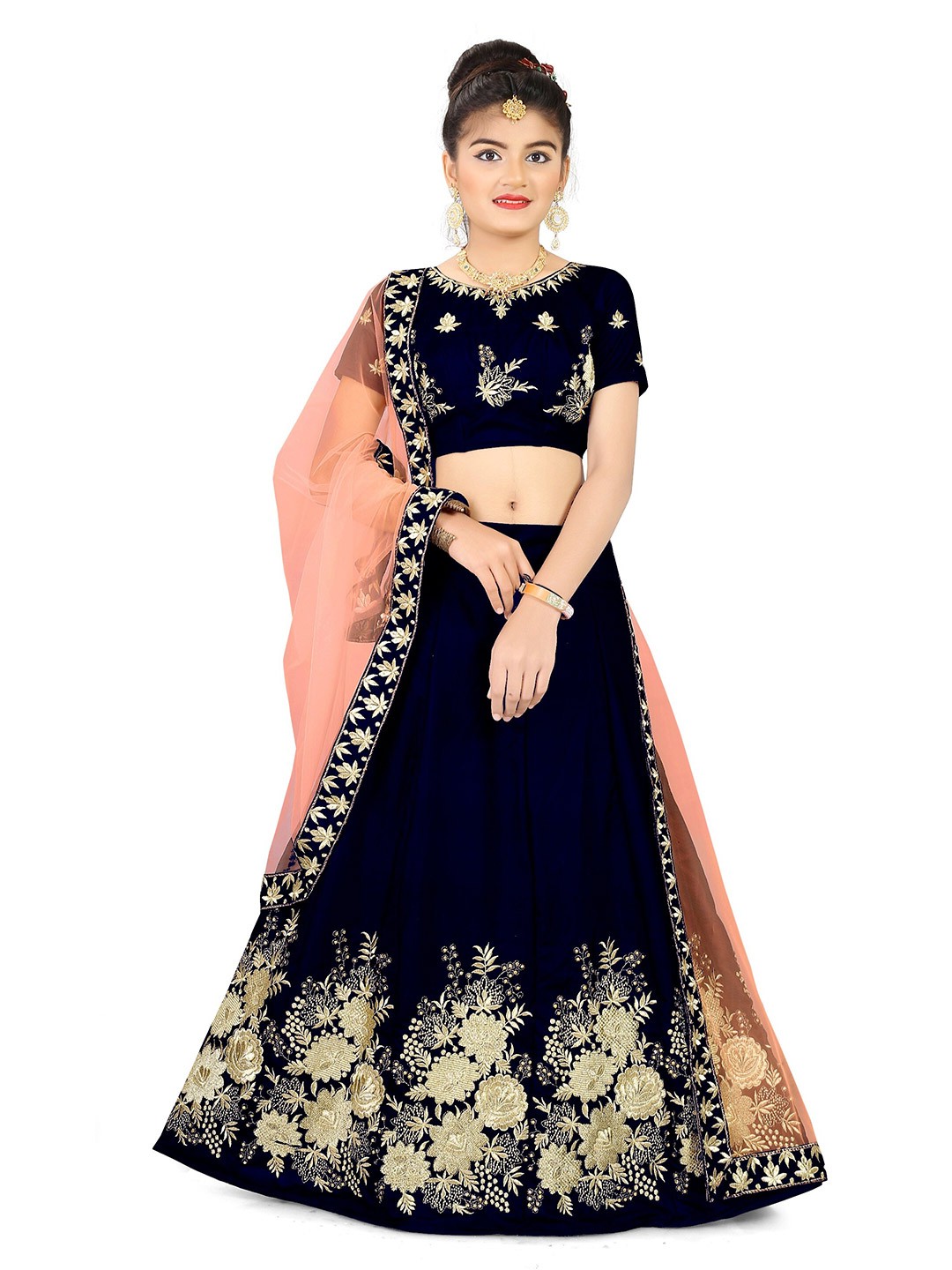 

WTWC FAB Girls Embroidered Thread Work Semi-Stitched Lehenga & Blouse With Dupatta, Blue