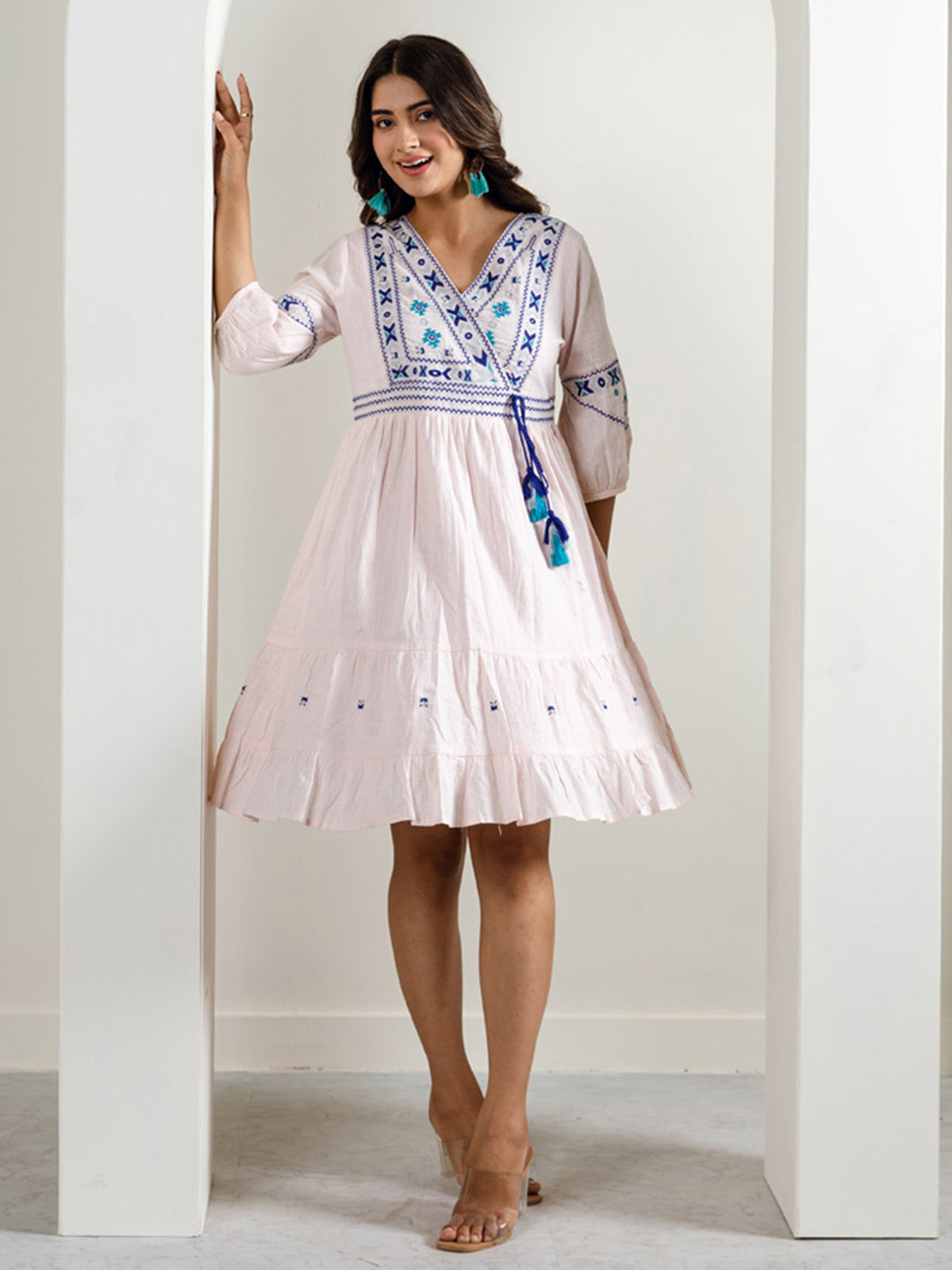 

Aadews Embroidered V-Neck Puff Sleeves Pure Cotton A-Line Dress, Pink