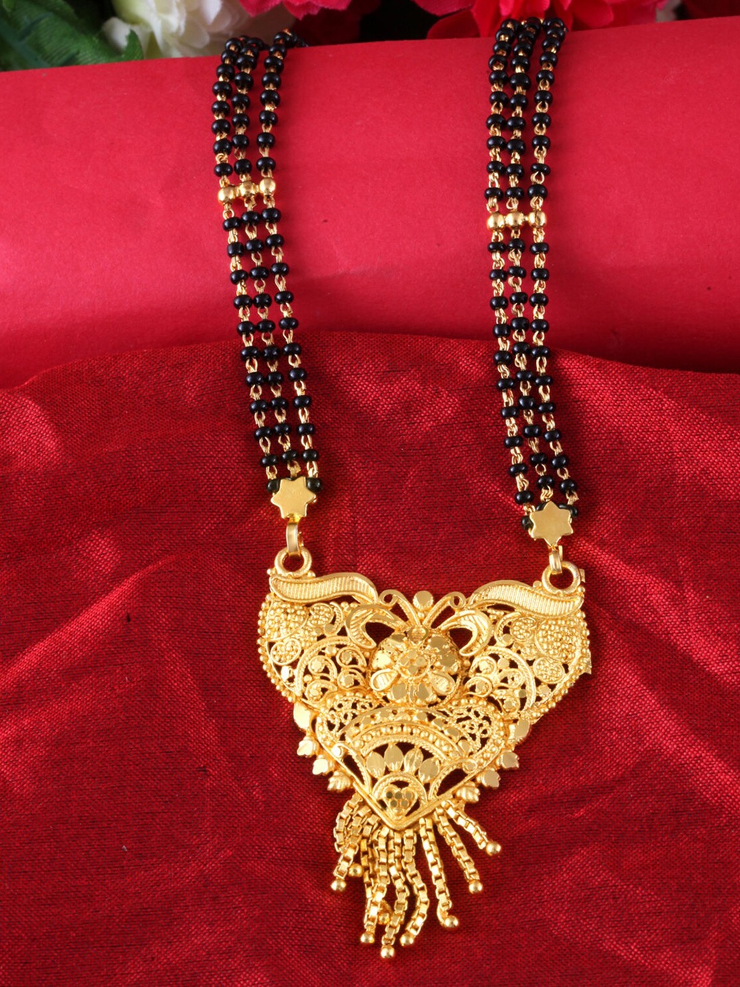 

MEENAZ Gold-Plated Artificial Stone & Beaded Traditional Long Mangalsutra