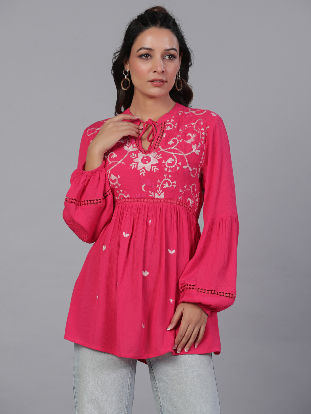 

Aadews Floral Embroidered Tie-Up Neck Cuff Sleeve Crepe Longline Top, Pink