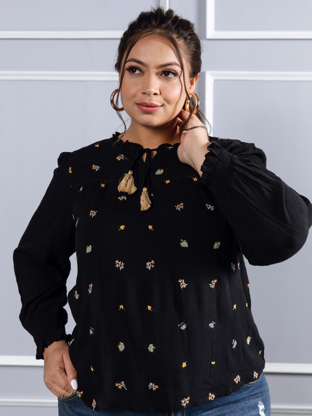 

Aadews Conversational Embroidered Cuff Sleeves Tie-Up Neck Crepe Top, Black