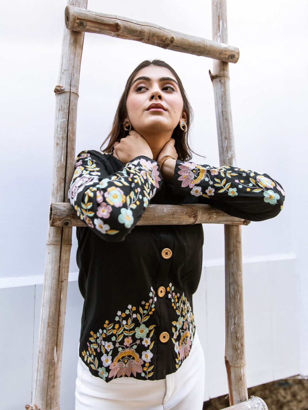 

Aadews Floral Embroidered Shirt Style Crepe Top, Black