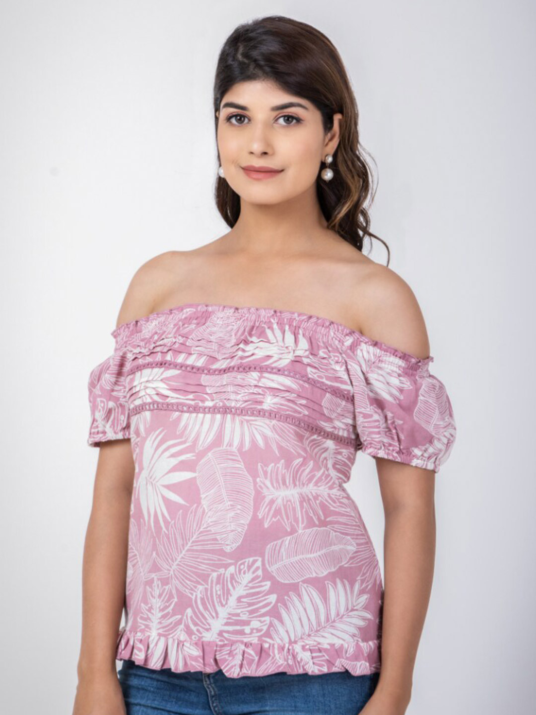 

Aadews Floral Printed Off-Shoulder Cotton Bardot Top, Pink