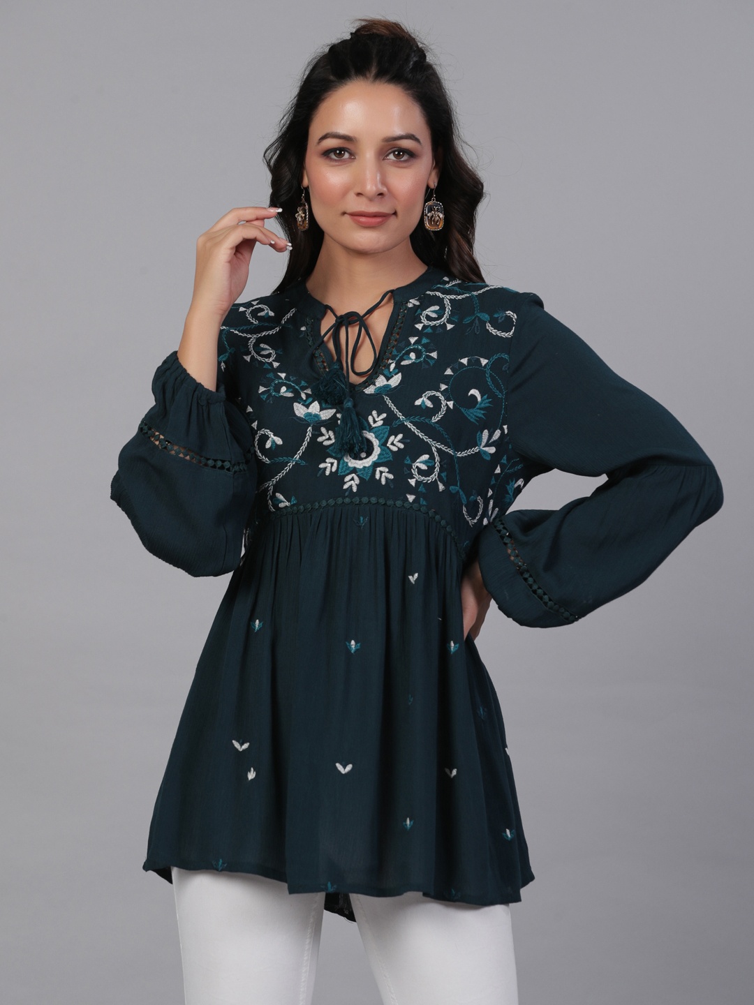 

Aadews Floral Embroidered Tie-Up Neck Cuff Sleeve Crepe Longline Top, Teal