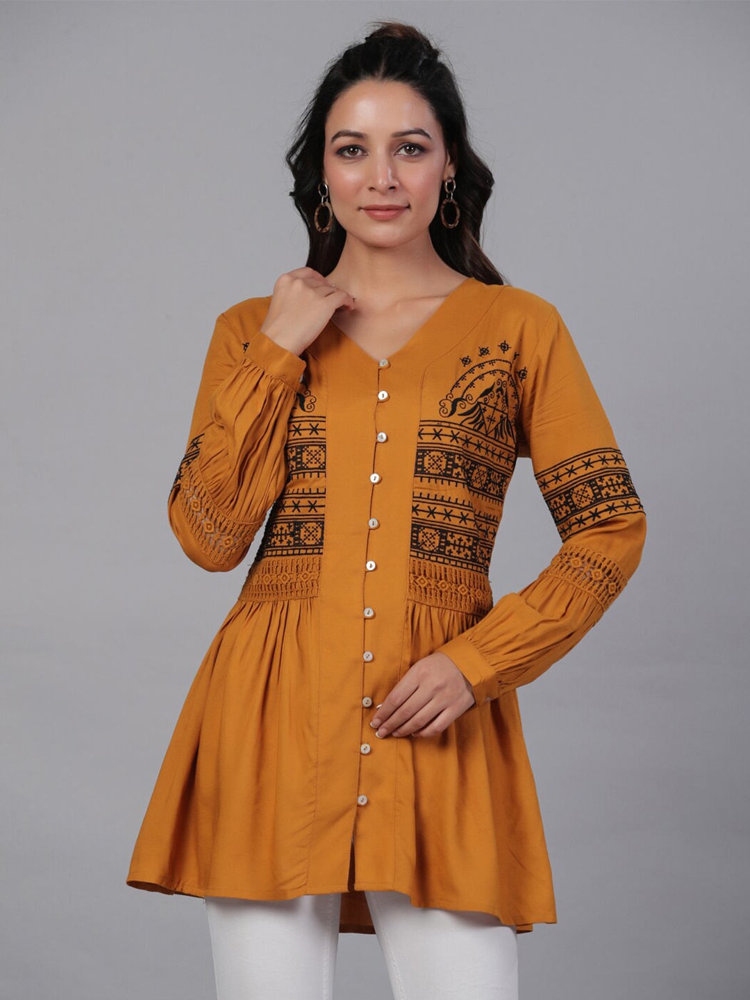 

Aadews Ethnic Embroidered V-Neck Cuff Sleeve Crepe Longline Top, Mustard