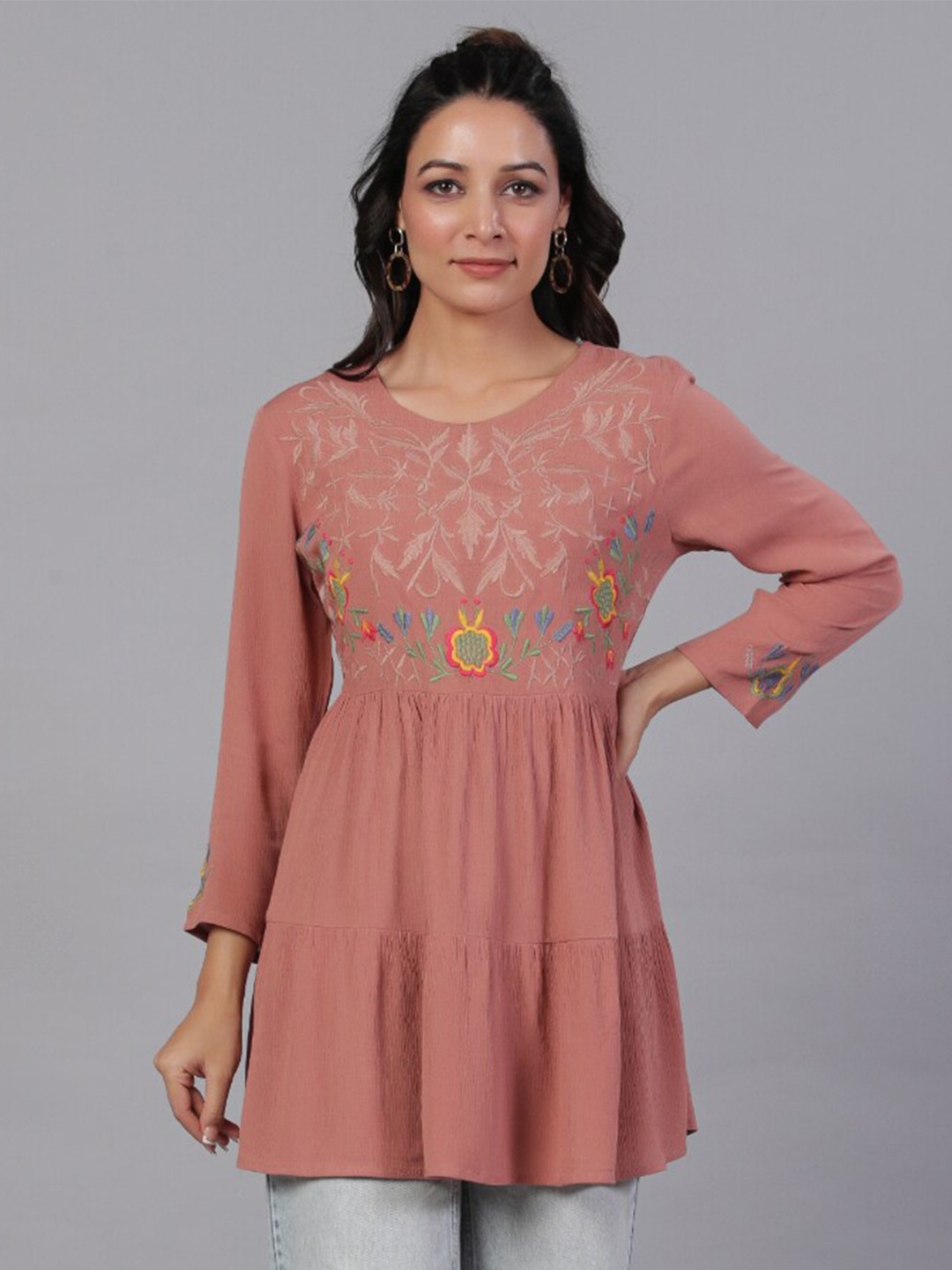 

Aadews Floral Embroidered Tiered A-Line Tunic, Rust