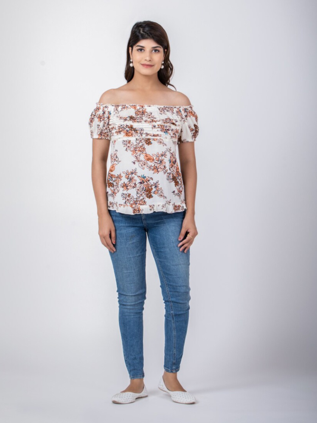 

Aadews Floral Printed Off-Shoulder Cotton Bardot Top, Beige