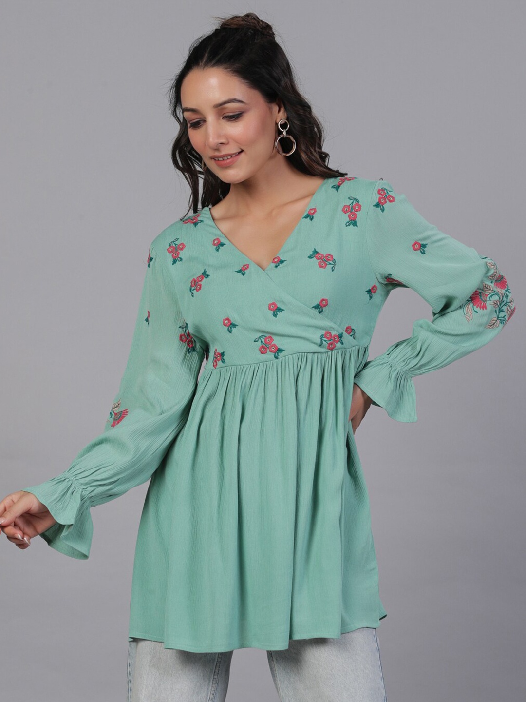 

Aadews Floral Embroidered Bell Sleeves Gathered A-line Longline Top, Green