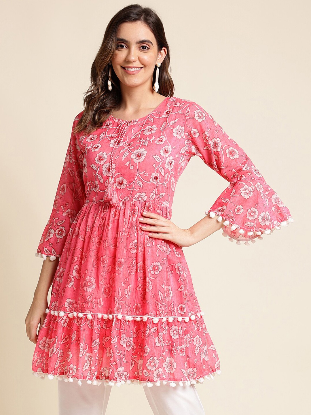 

Ishin Pink Ethnic Motifs Print Bell Sleeve Cotton Kurti