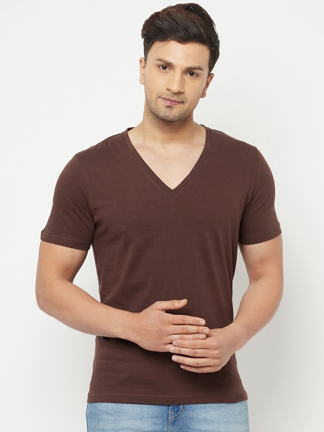 

GLITO V-Neck Short Sleeves Cotton T-shirt, Brown