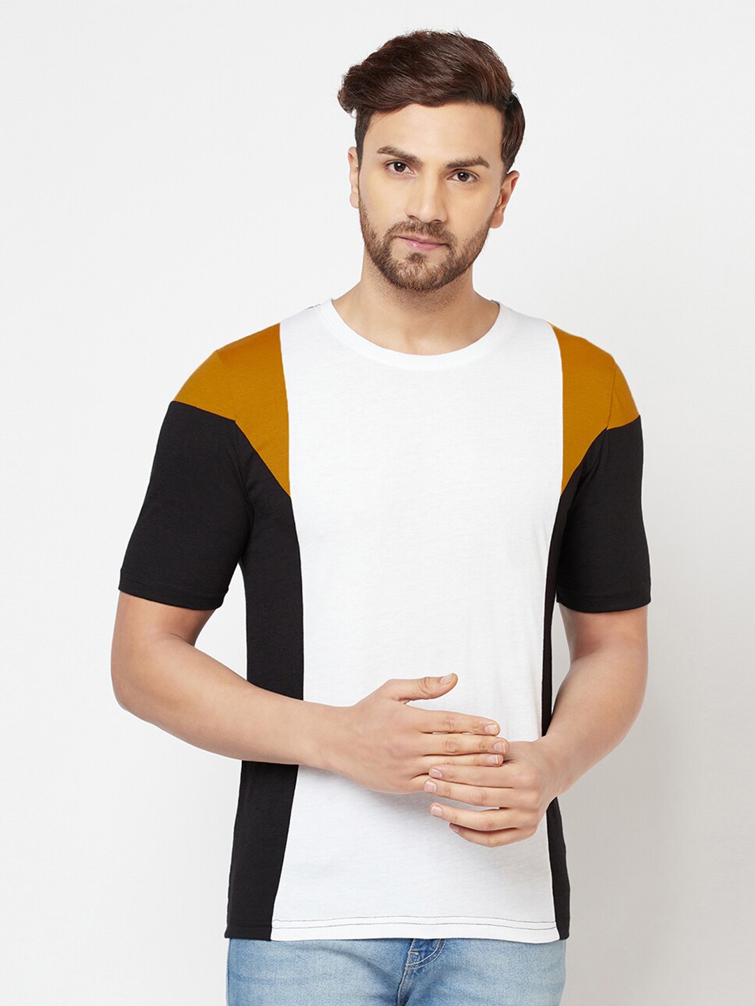 

GLITO Colourblocked Casual Cotton T-shirt, Black