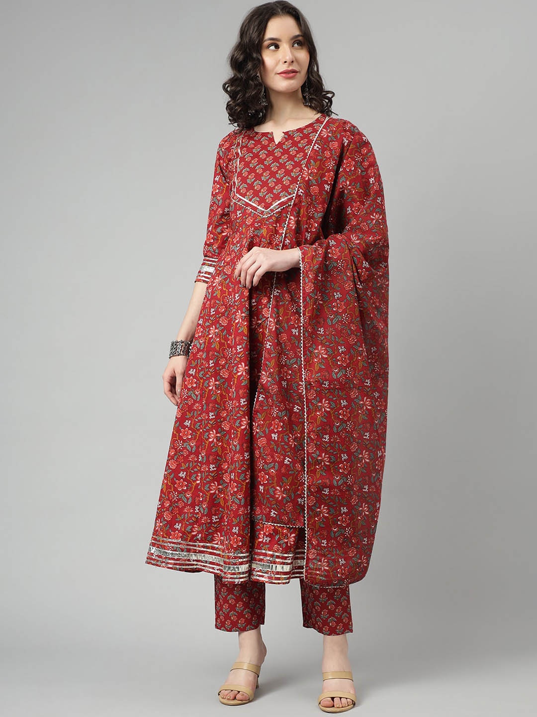 

SAABHI Ethnic Motifs Printed Gotta Patti Pure Cotton Kurta With Trousers & Dupatta, Red