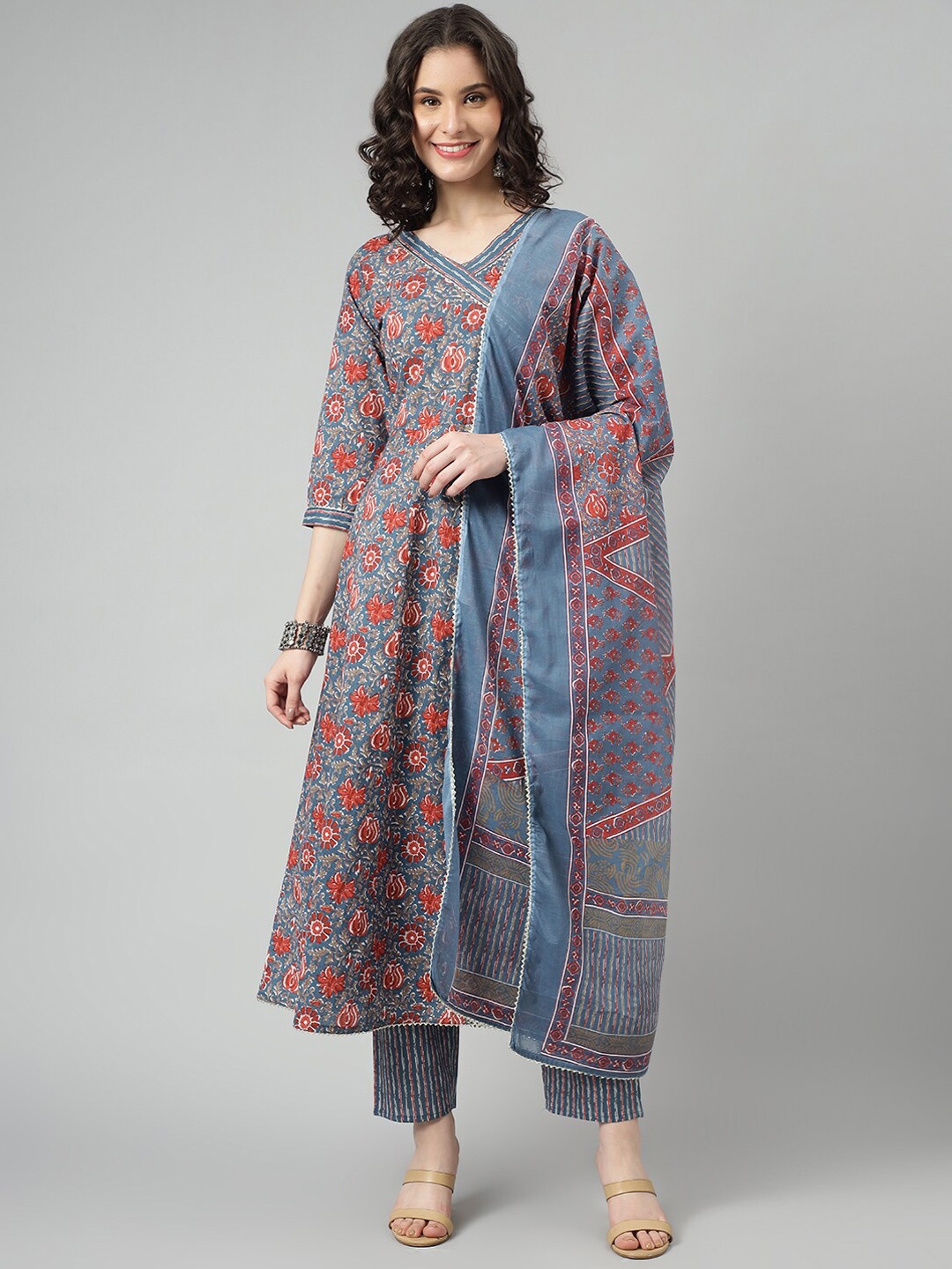 

SAABHI Printed Angrakha Pure Cotton Anarkali Kurta with Trousers & Dupatta, Blue