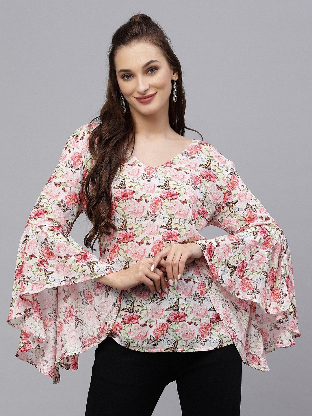 

VALBONE Floral Printed Bell Sleeve Top, White