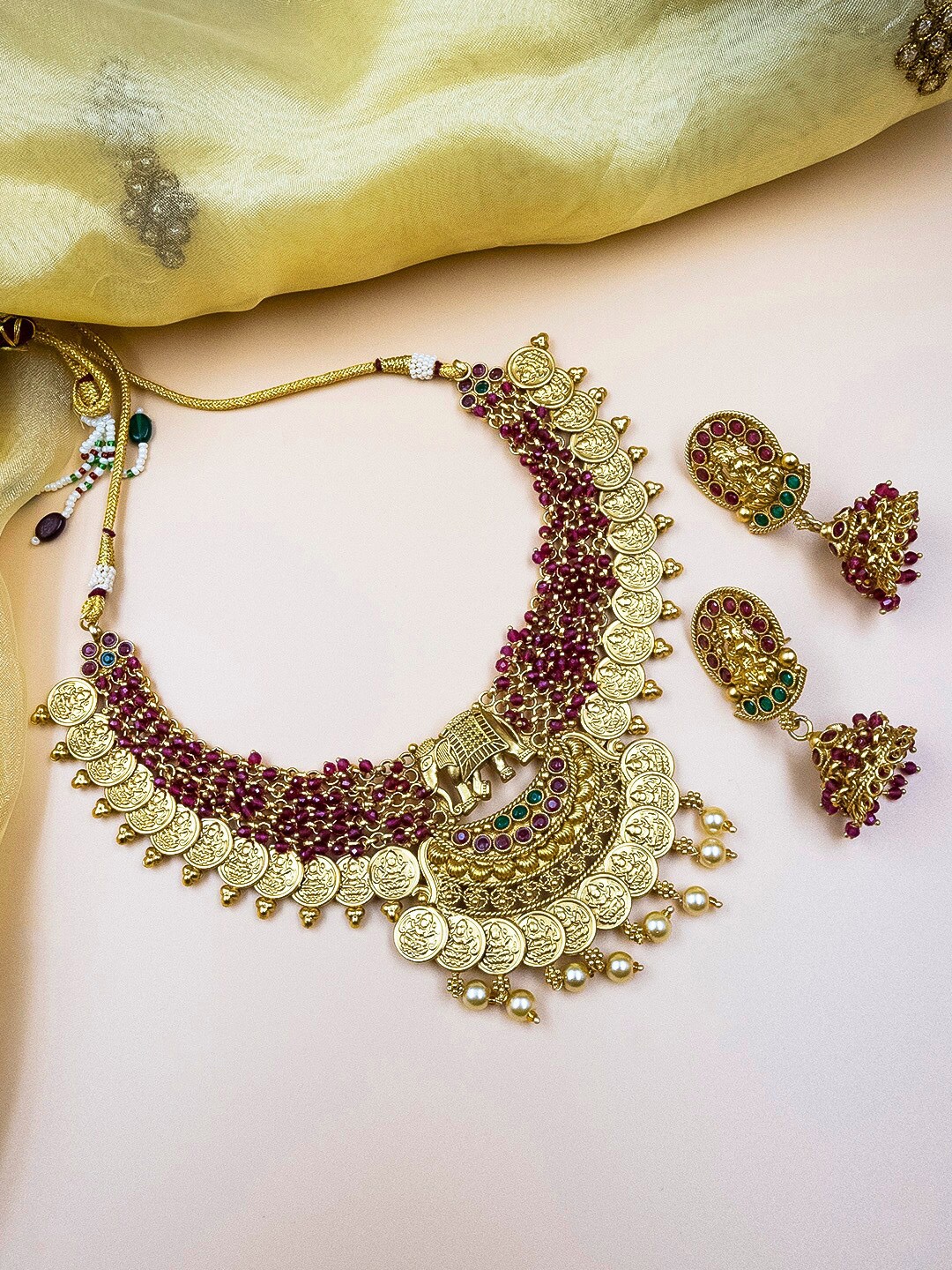 

StileAdda Gold Plated Temple Necklace Set, Red