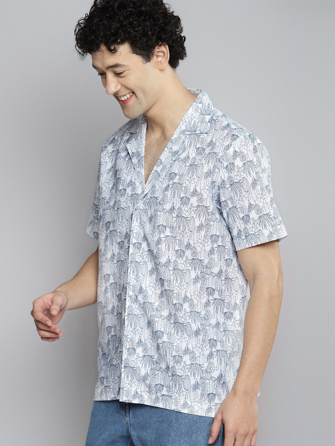 

Kook N Keech Boxy Fit Floral Printed Cuban Collar Pure Linen Resort Shirt, Blue