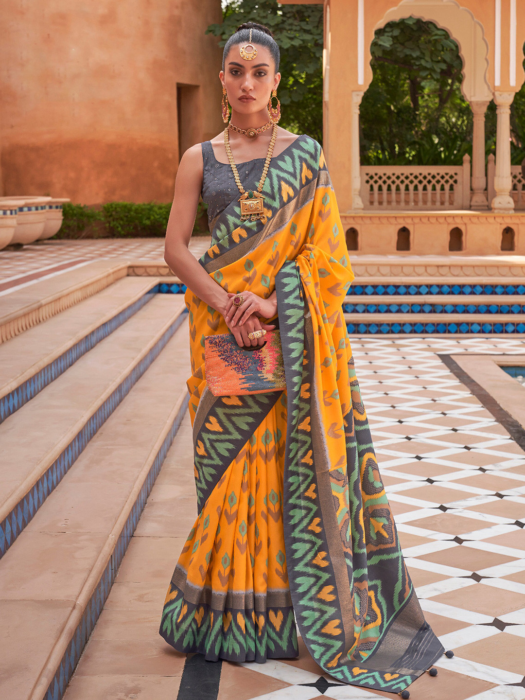 

elora Floral Zari Pure Silk Ikat Saree, Yellow
