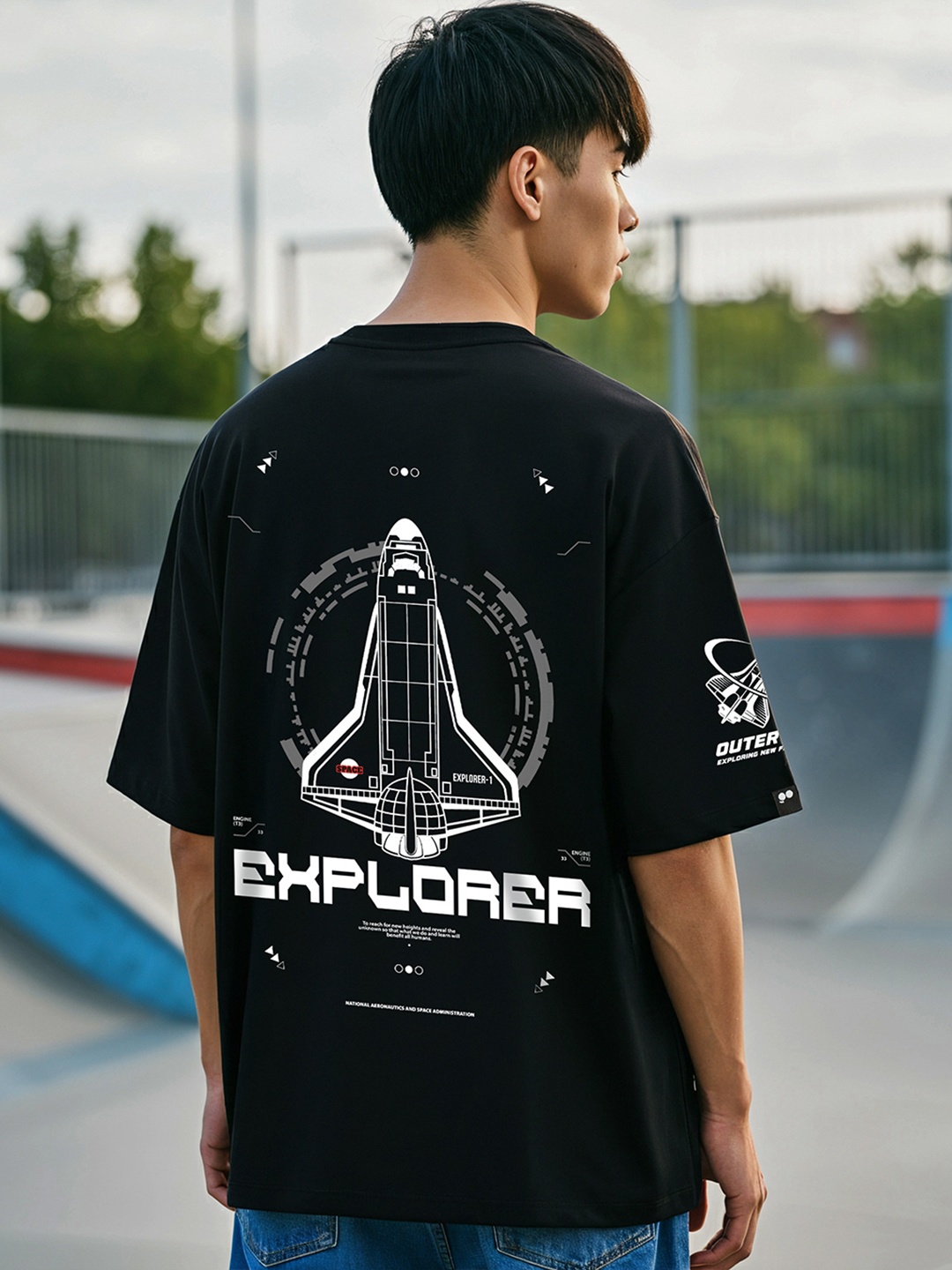 

Bewakoof Black Graphic NASA Printed Cotton Oversized T-Shirt