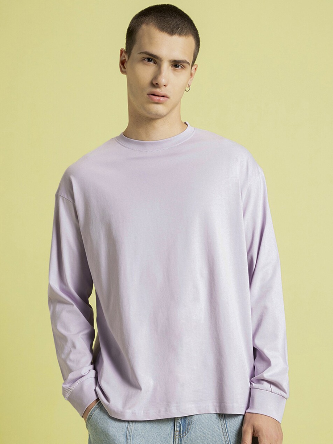 

Bewakoof Drop Shoulder Sleeves Oversized Cotton T-Shirt, Lavender