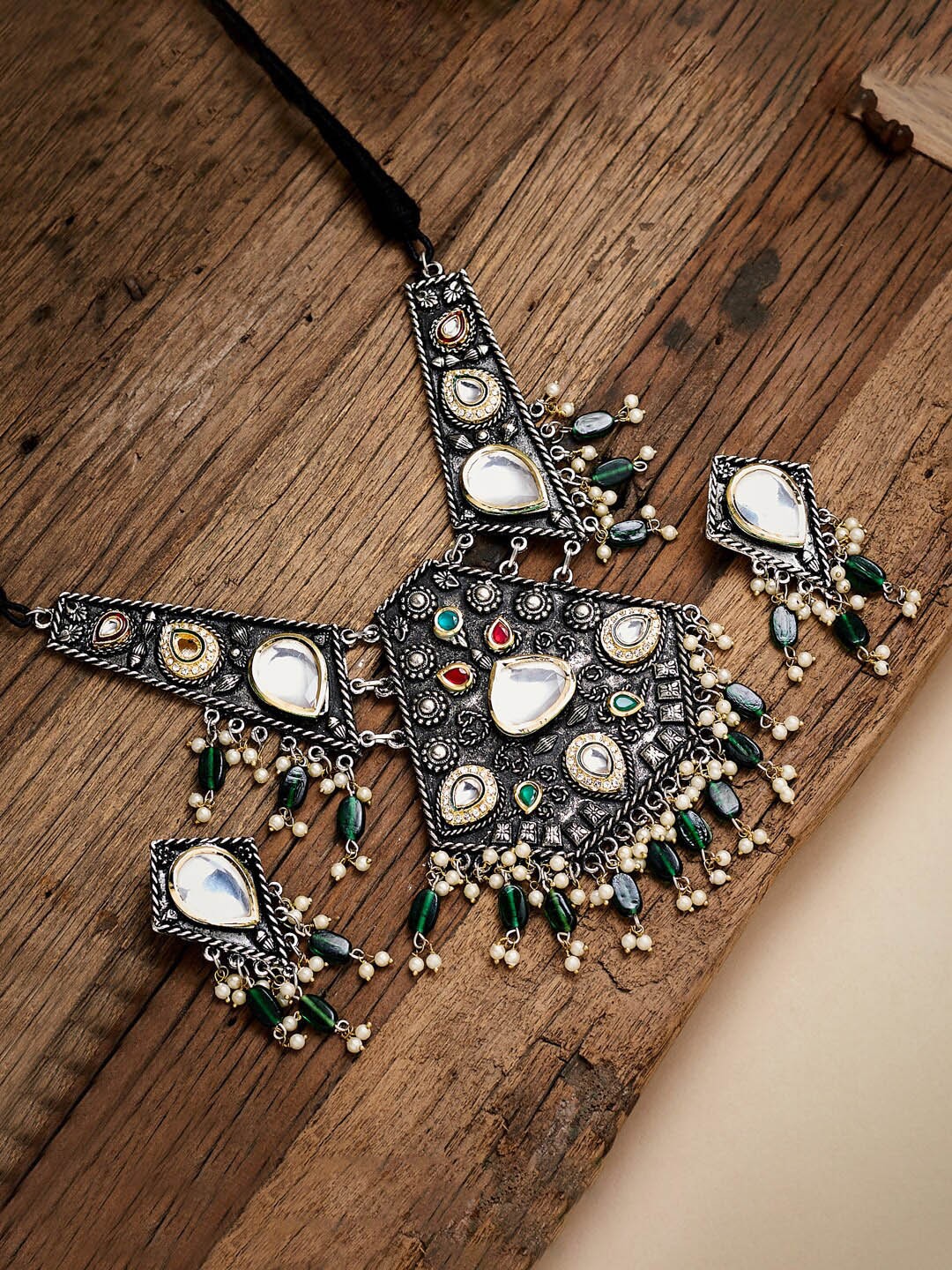 

ATIBELLE German Silver-Plated Stone Studded Necklace With Earrings, Green