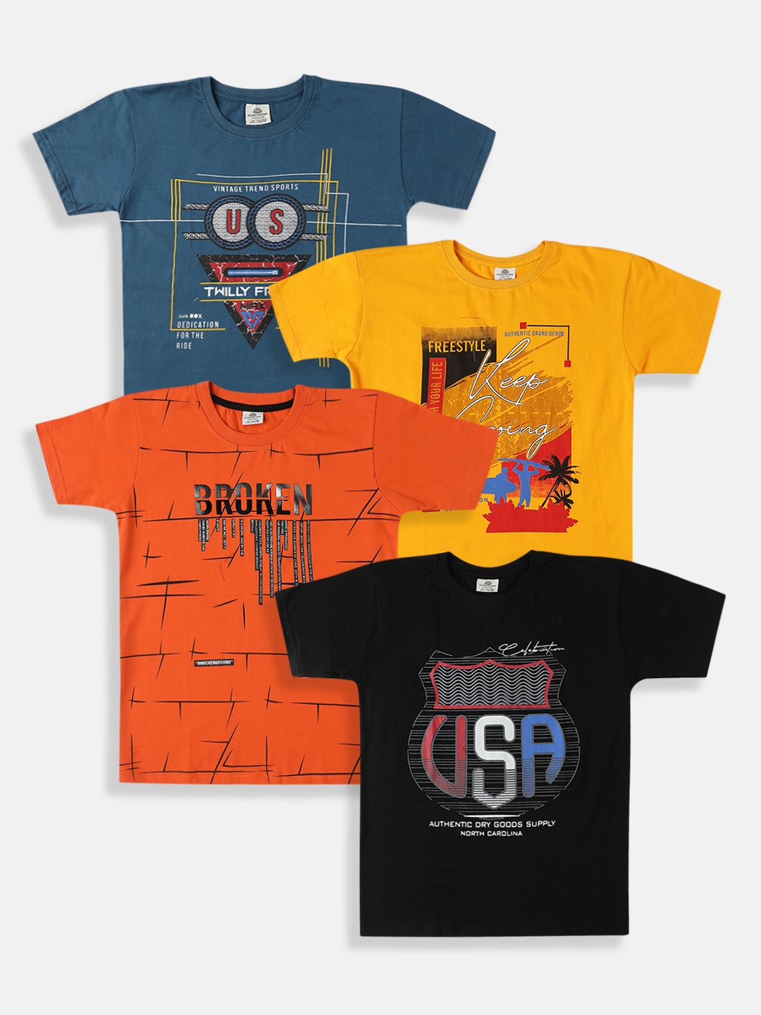 

HOMEGROWN Boys Pack Of 4 Graphic Printed Cotton T-shirt, Black