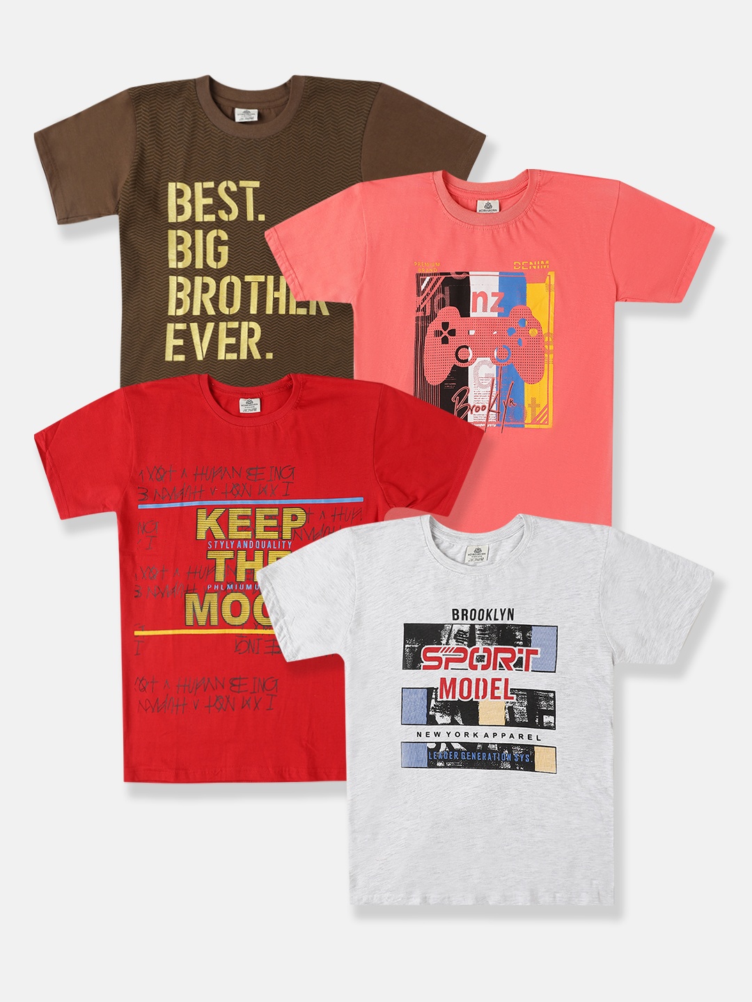 

HOMEGROWN Boys Pack Of 4 Typography Printed Cotton T-shirt, Red