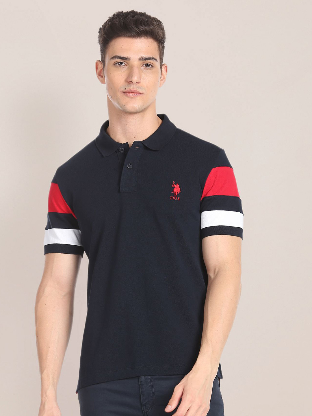 

U.S. Polo Assn. Pique Half Sleeve Pure Cotton Slim Fit Polo T-shirt, Navy blue