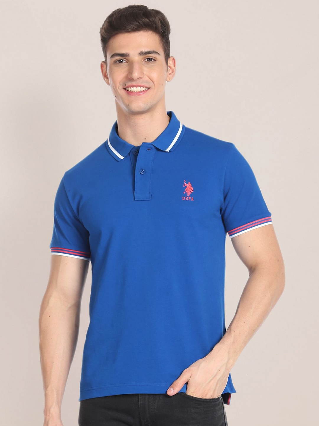 

U.S. Polo Assn. Pique Striped Trim Pure Cotton Slim Fit Polo T-shirt, Blue