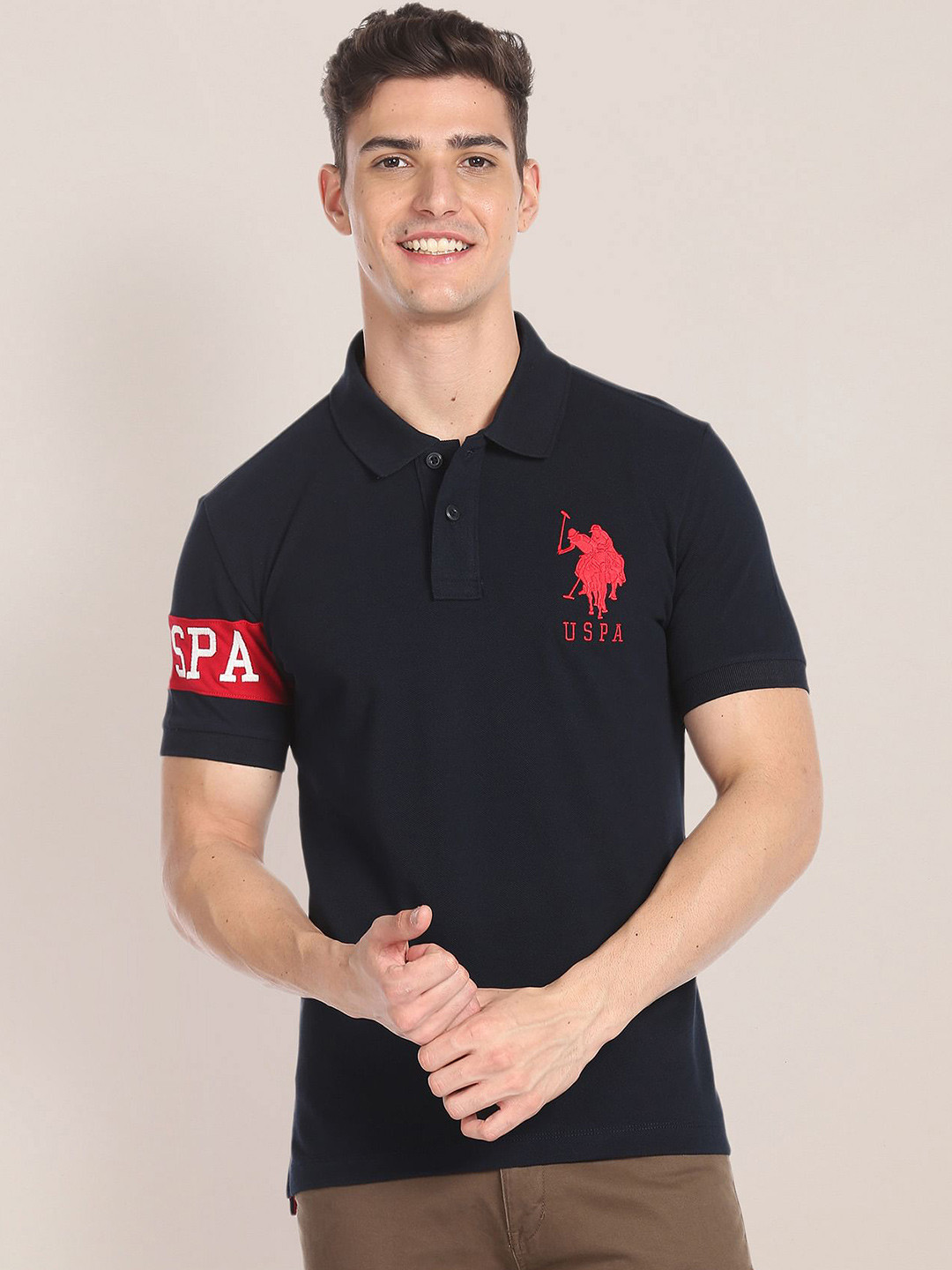 

U.S. Polo Assn. Pique Half Sleeve Pure Cotton Slim Fit Polo T-shirt, Navy blue