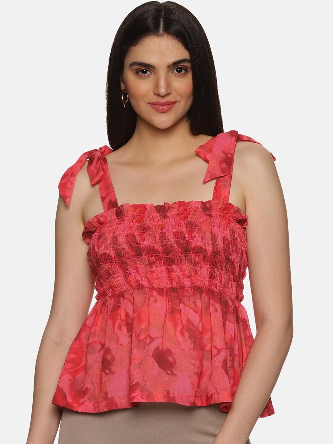 

ISU Sleeveless Tie-Up Floral Print Peplum Top, Red