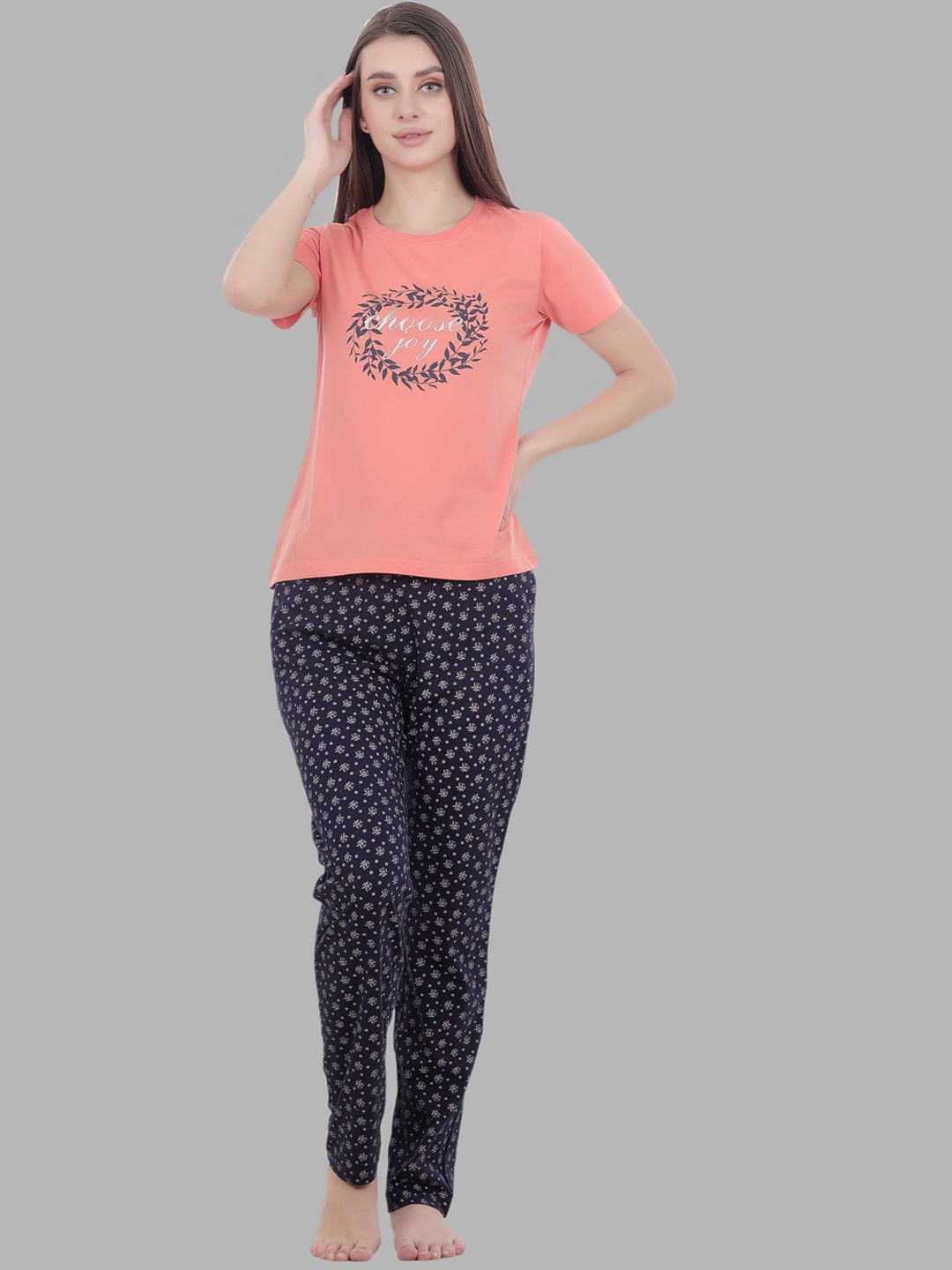 

FLOSBERRY Conversational Printed Night Suit, Peach